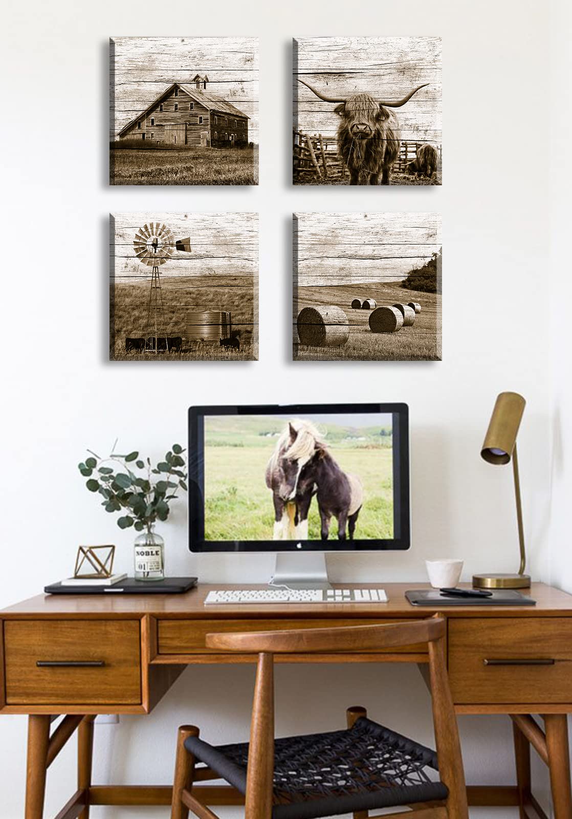 DJSYLIFE Western Decor Farmhouse Wall Decor Highland Cow Wall Art Rustic Painting Poster for Men's Bedroom Office Canvas Printed Poster Home Decoration Artwork 12" Wx12 Hx4 DJSYLIFE