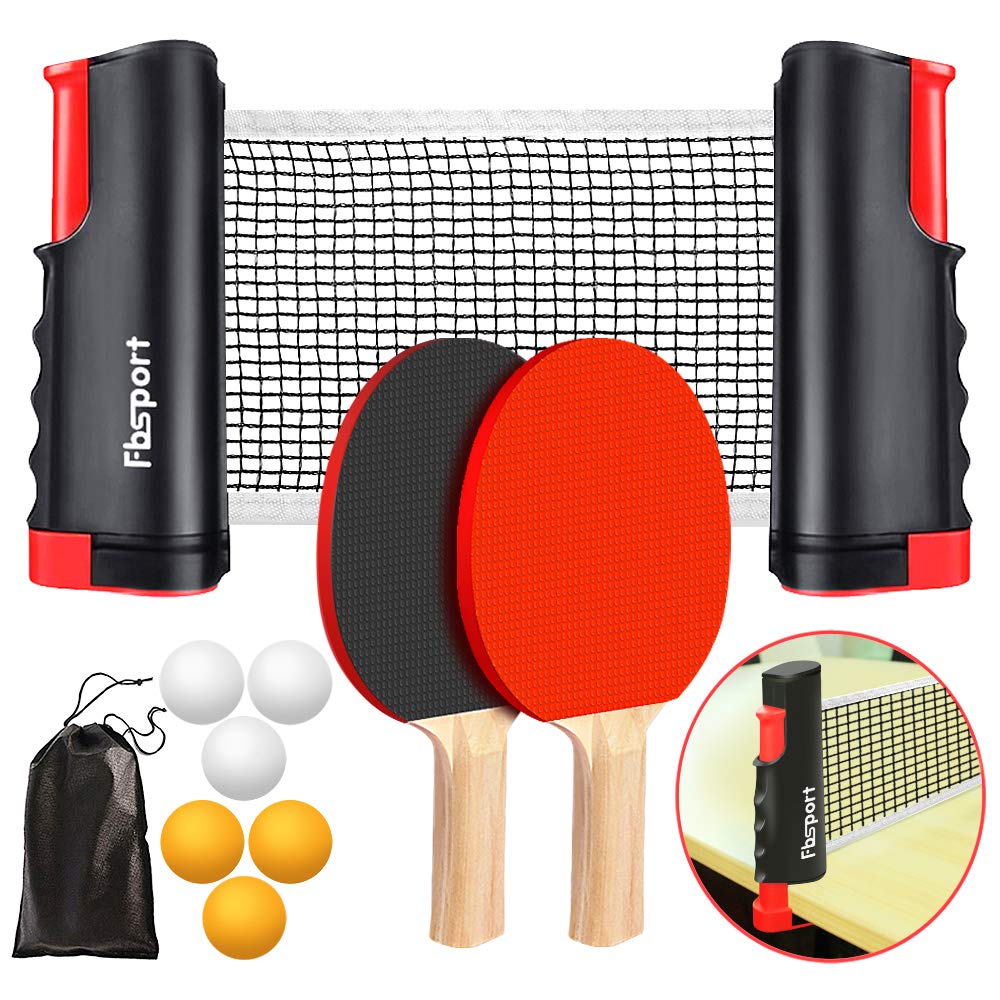 FBSPORT Ping Pong Paddle Set, Portable Table Tennis Set with Retractable Net, 2 Rackets, 6 Balls and Carry Bag for Children Adult Indoor/Outdoor Games FBSPORT