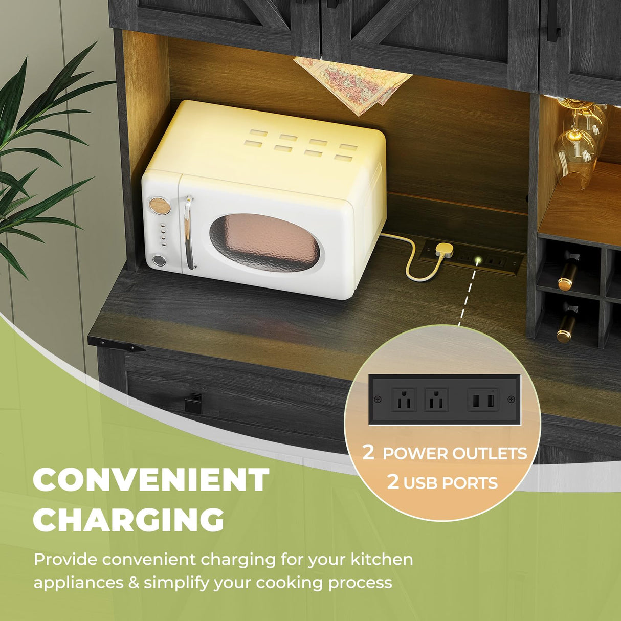 Dripex 71" Pantry Cabinet with Charging Station, Farmhouse Kitchen Pantry Storage Cabinet with Outlet & LED Light, Microwave Stand, Tall Kitchen Hutch with Storage for Living Room, Dining Room, Black Dripex