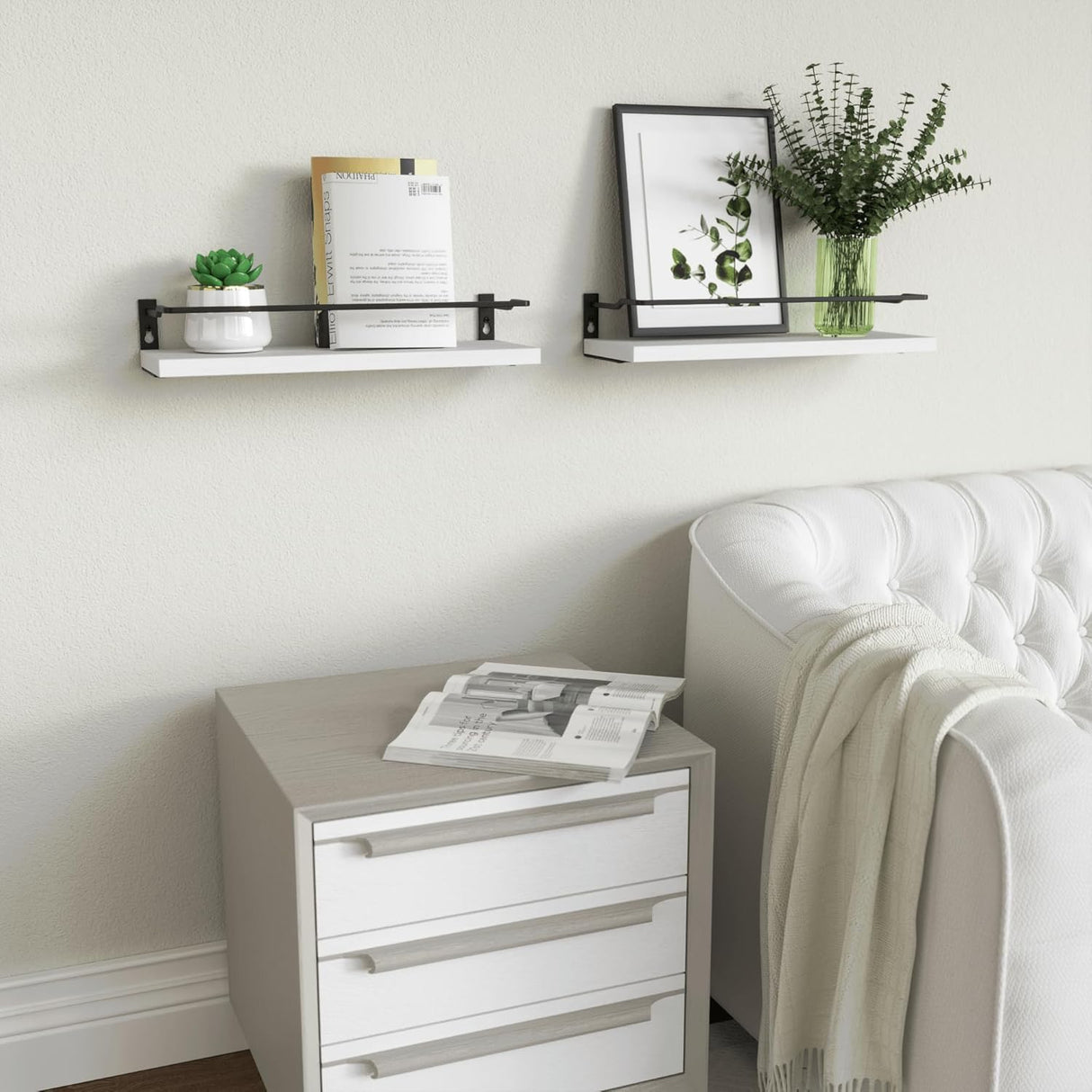 RICHER HOUSE White Bathroom Shelves, Small Floating Wall Mounted Shelf for Bathroom Decor, Guard-Rail Wood Shelving Organizer Over Toilet Kitchen Storage Shelves Set of 2 - White RICHER HOUSE