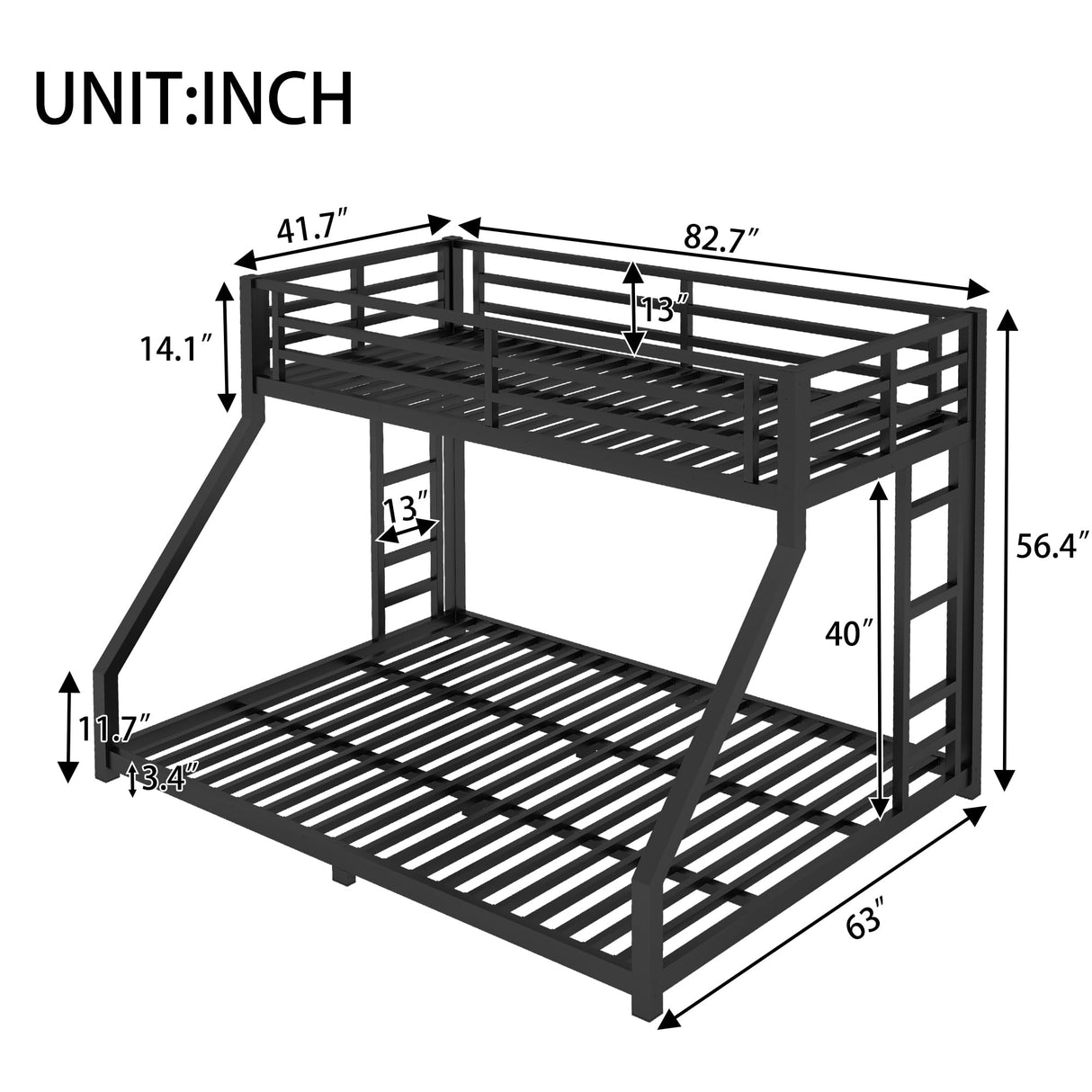 LUMISOL Metal Twin XL Over Queen Bunk Bed, Metal Bunk Bed Frame, Floor Low Bunk Bed for Kids Bedroom Guestroom, Noise Free, No Box Spring Needed, Black LUMISOL