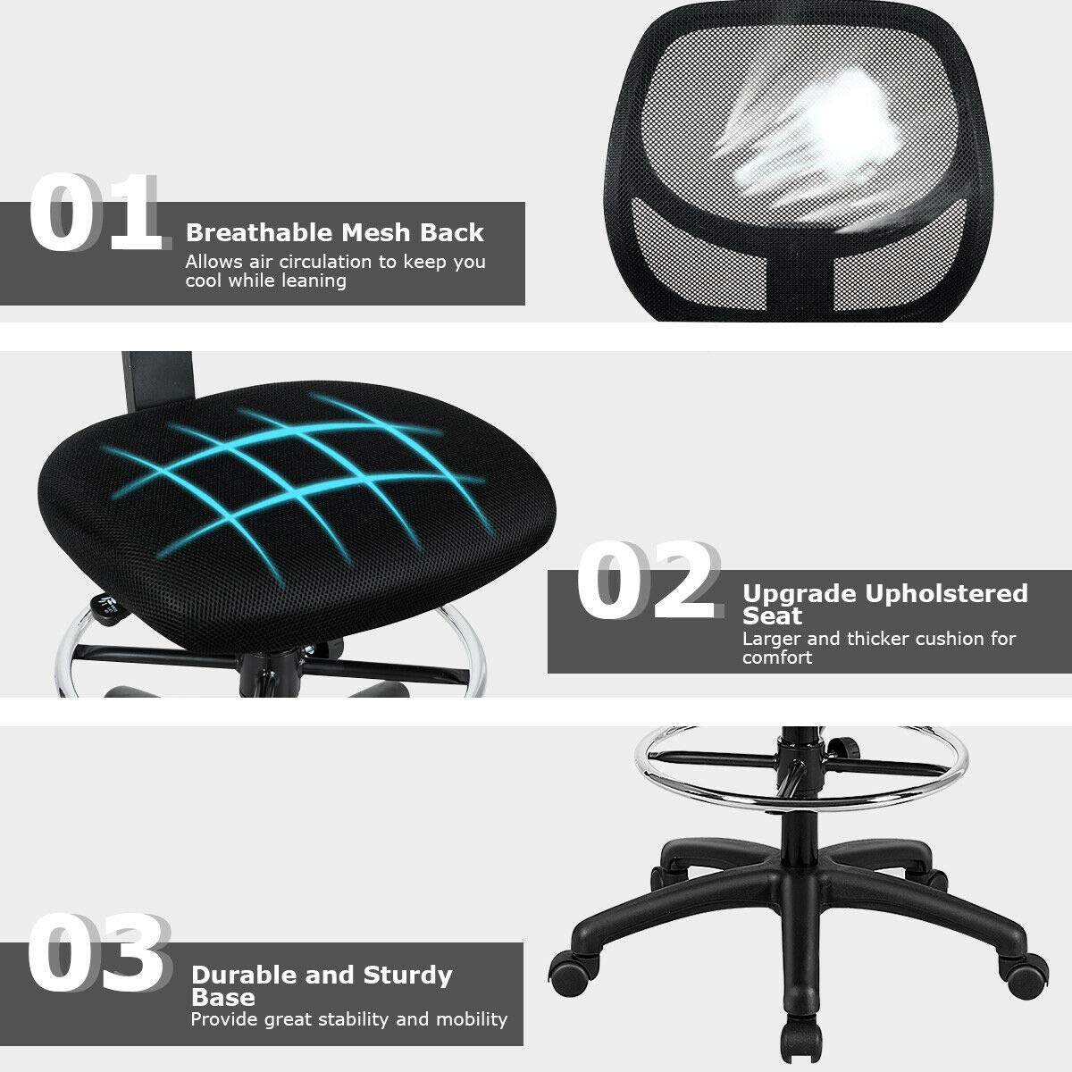 Giantex Mesh Drafting Chair, Standing Desk Chair w/Footrest Ring, Adjustable Height Chair Mid Back Tall Office Chair for Home Office, Black Giantex