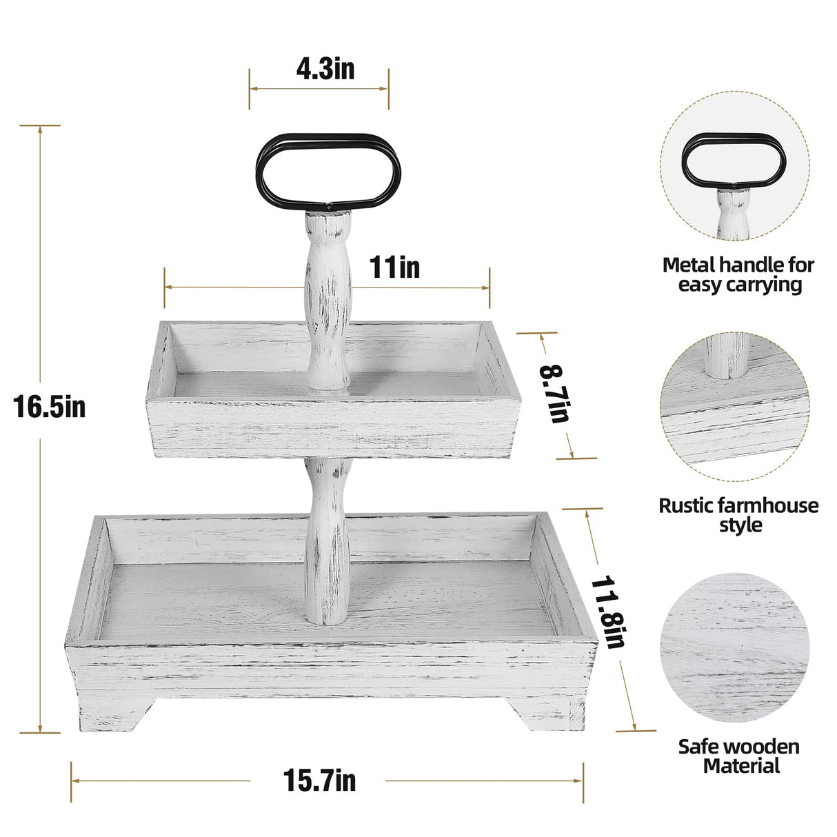 Eufrozy Farmhouse Tiered Tray Stand Wood, Rustic Tiered Tray Decor Holder 2 Tiered Decorative Wooden Serving Tray Rectangular with Metal Handle for Kitchen Table Decor Housewarming Gifts White Eufrozy