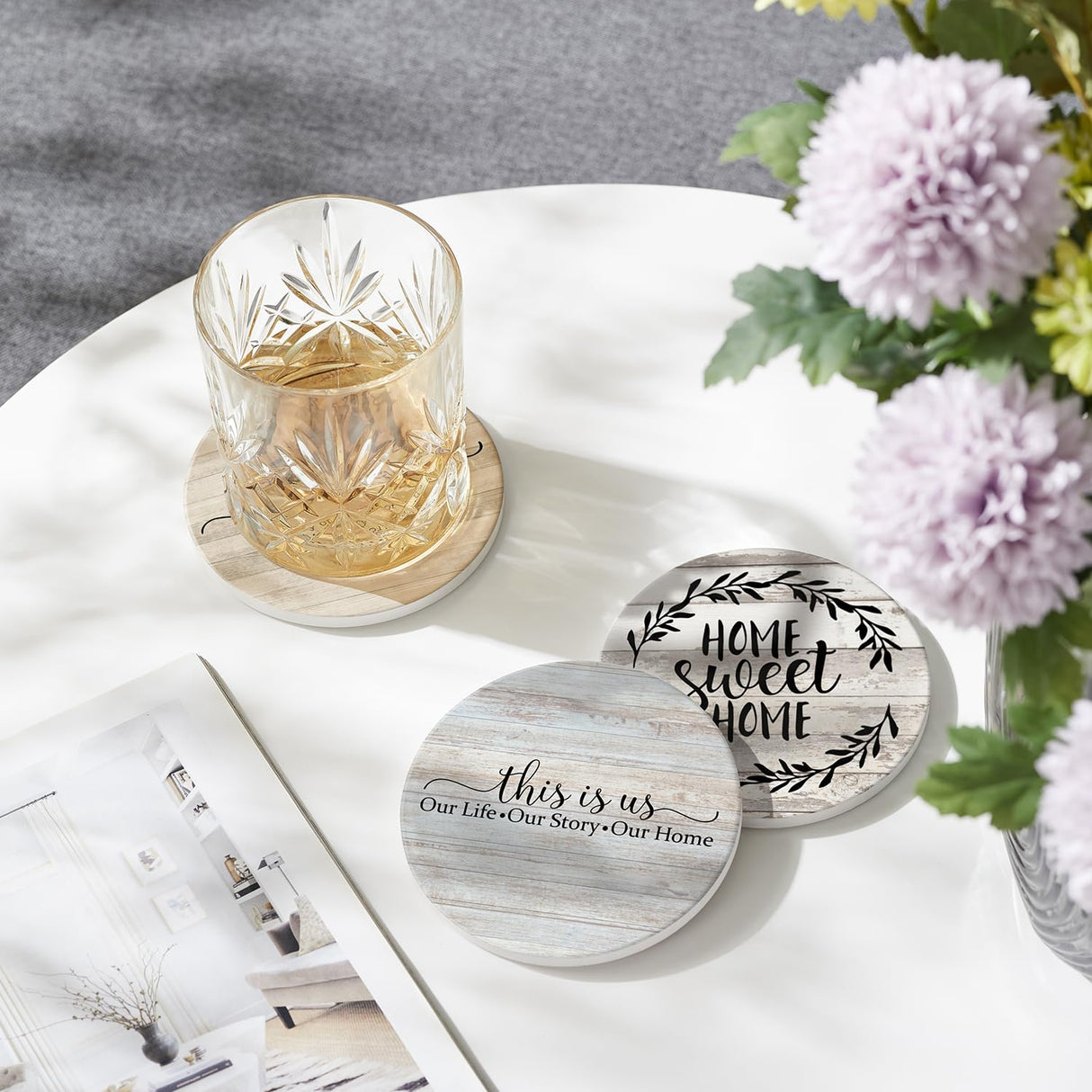 Hoomey Coasters for Drinks, Set of 6 Absorbent Drink Coasters with Holder, Farmhouse Style Ceramic Drink Coasters with Cork Backing for Table Protection, Housewarming Gifts for New Home Hoomey