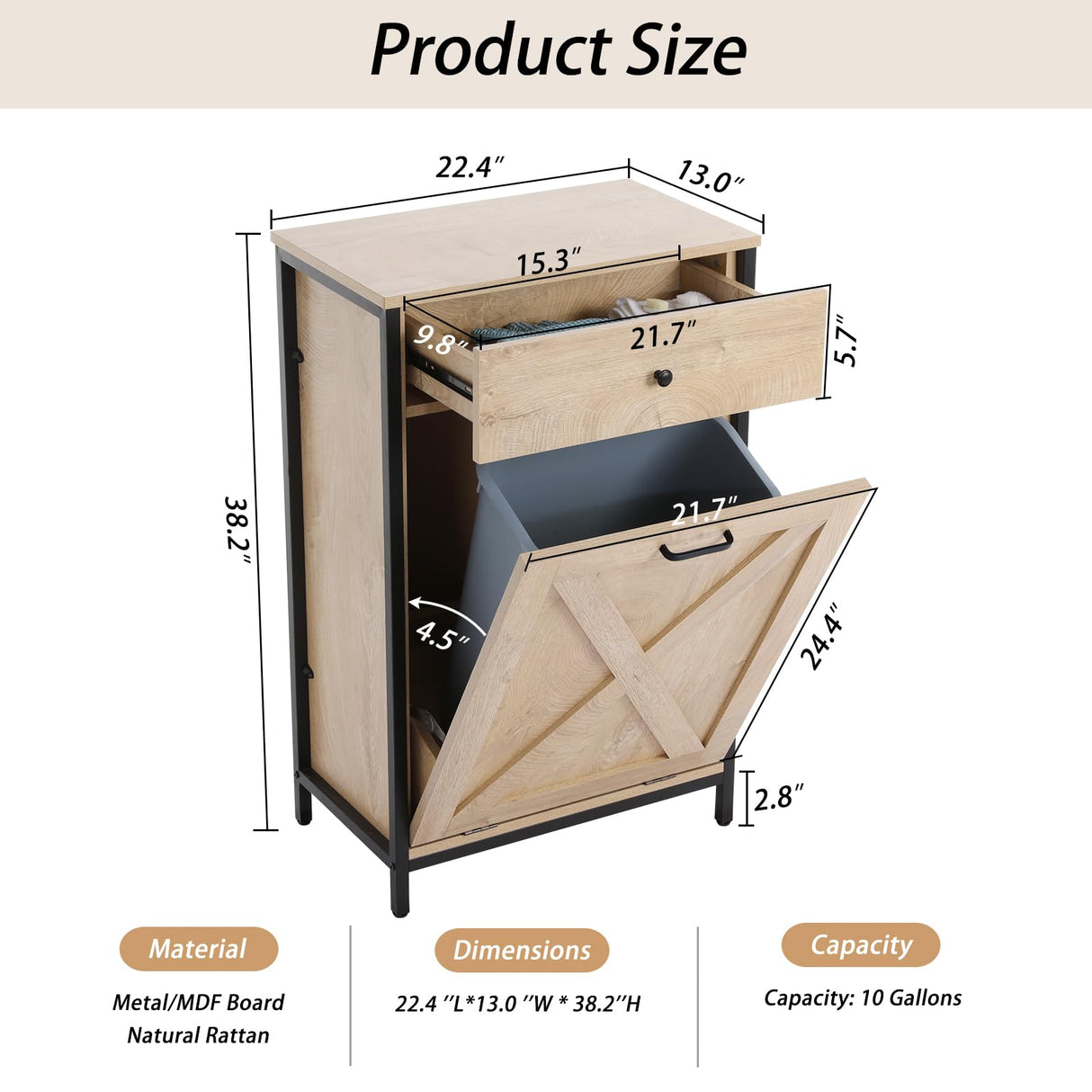 UEV Oak Color Style Trash Cabinet, Tilt Out Trash Cabinet with Solid Hideaway Drawer,Rustic Kitchen Trash Cabinet,Free Standing Wooden Kitchen Recycling Cabinet Trash Can Holder (Single) UEV