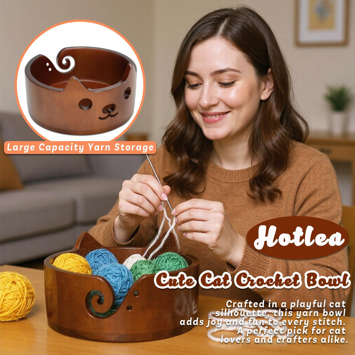 Wooden Cat Yarn Bowl, Large Polished Crochet Bowl Accessories for Knitting and Crocheting Gift for Knitters and Yarn Lovers, 7.5"X4.33" Hotlea