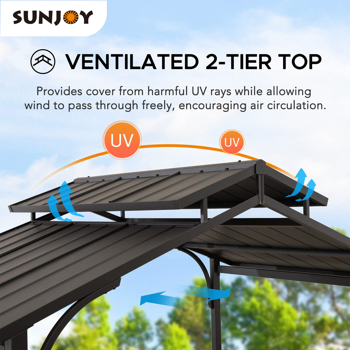Sunjoy Grill Gazebo 5 ft. x 8 ft. Brown Steel Frame Double Tiered Hardtop Gazebo with Ceiling Hook and Shelves Sunjoy