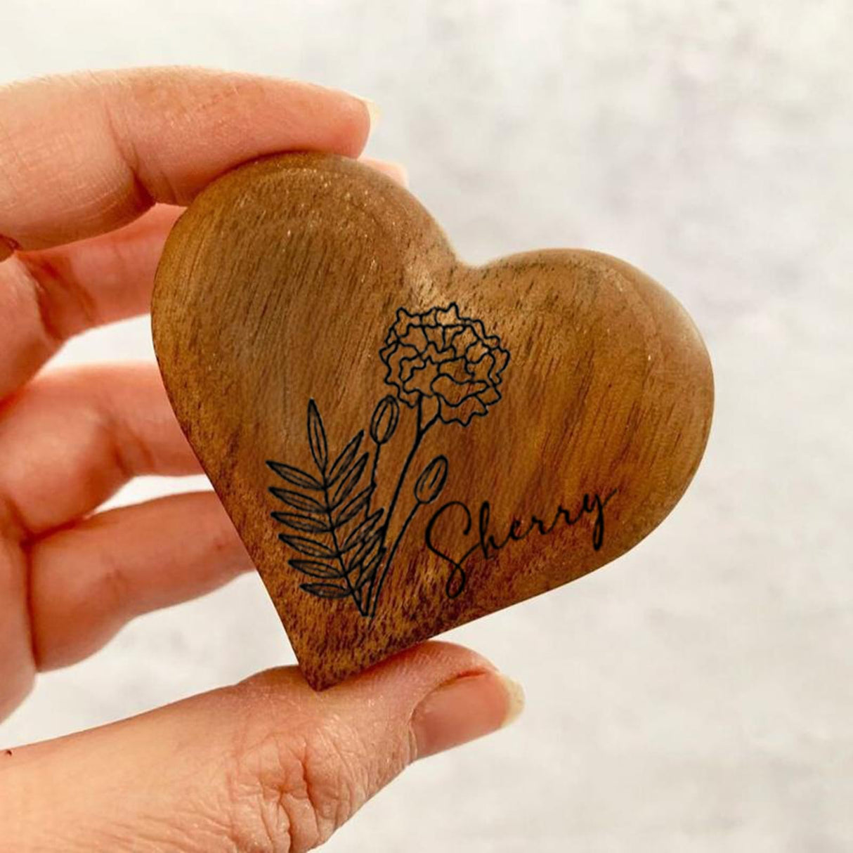 Personalized Wooden Ring Box - Custom Name Date Engraved Ring Bearer Box Wooden Heart Wedding Ring Holder Rustic Jewelry Storage Case for Proposal Wedding Keepsake (Birth Flower) Drawelry