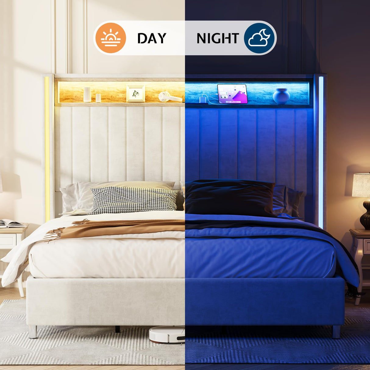 Jocisland King Platform Bed Frame with LED Lights, USB Charging Ports, Tall Velvet Headboard with Wingback Storage, No Box Spring Needed, Easy Assembly, Cream Jocisland