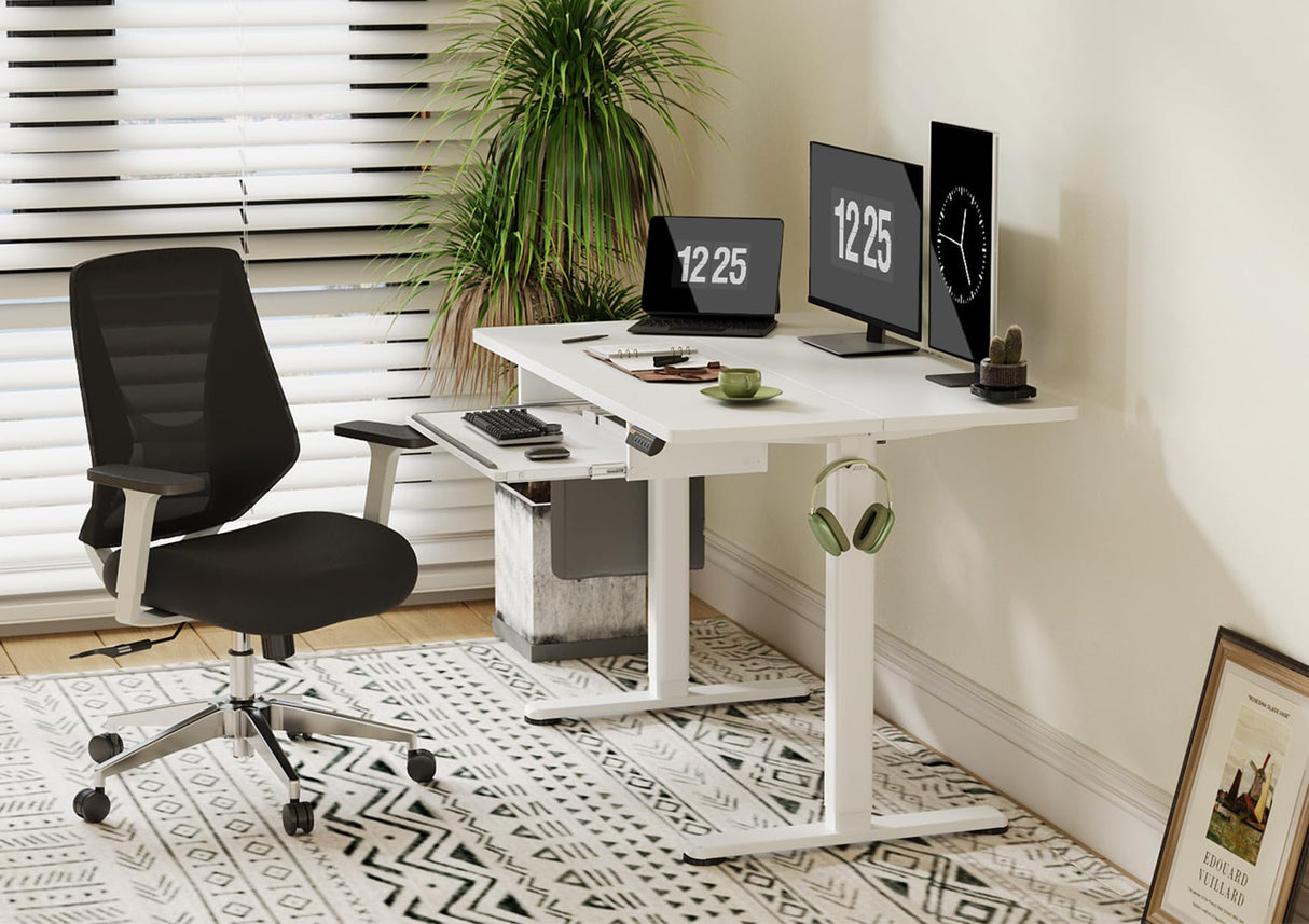 Claiks Standing Desk with Keyboard Tray, Electric Standing Desk Adjustable Height, 48x24 Inches Sit Stand up Desk with Splice Board, Raising Desk for Home Office, White Claiks