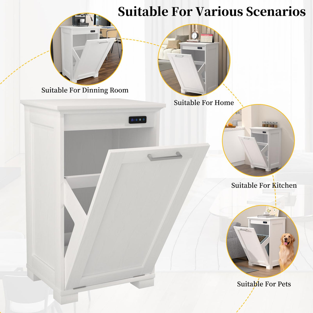 Ymise Tilt Out Trash Cabinet, 10-Gallon Trash Can Cabinet with Deodorising Function, Wooden Freestanding Garbage Can Cabinet for Home and Kitchen Hidden Laundry Hamper Cabinet, White Ymise