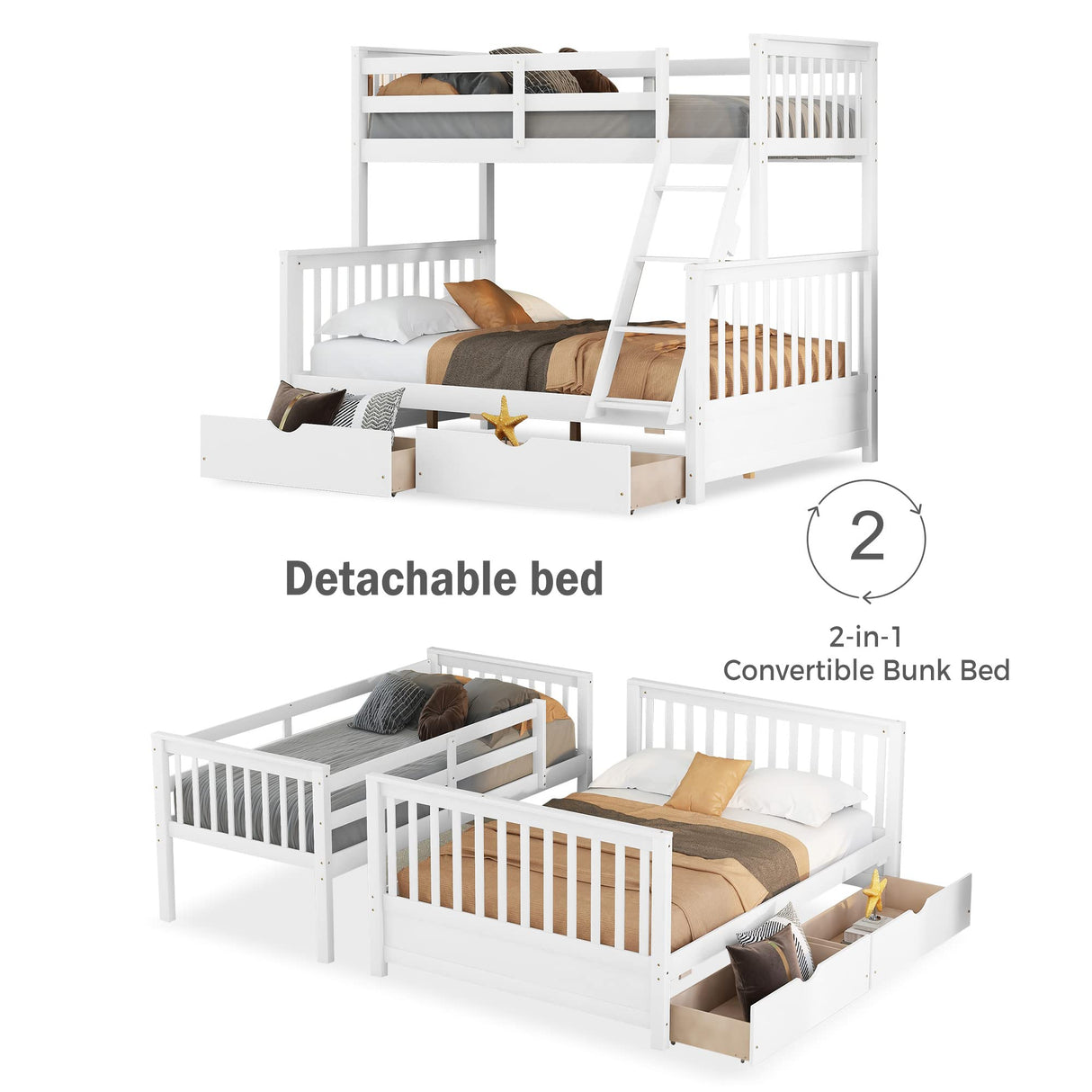 Merax Solid Wood Bunk Bed with Drawers – Convertible Twin Over Full Design in White Merax