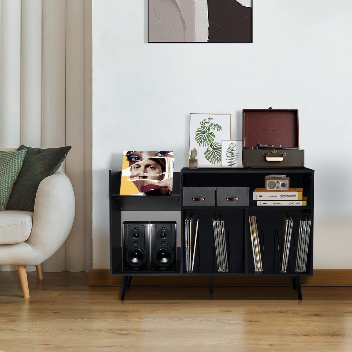 QHITTY Record Player Stand, Mid-Century Modern Vinyl Record Storage Cabinet Table with Wood Legs, Turntable Stand Record Holder Holds Up to 300 Albums for Living Room, Bedroom (Black) QHITTY