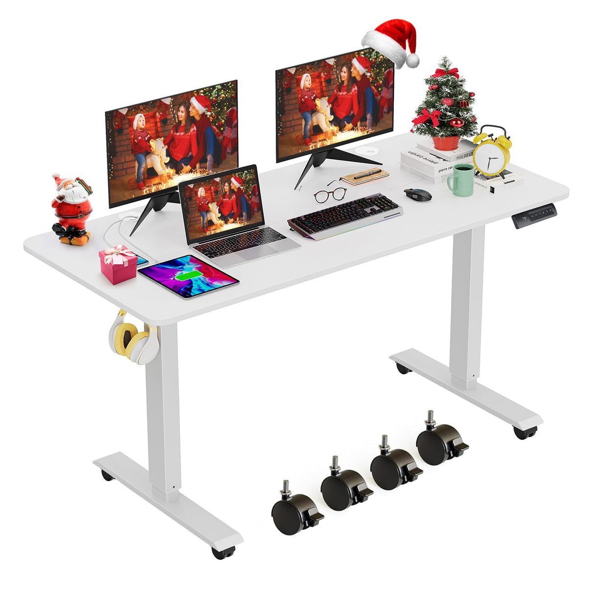farexon Electric Standing Desk Adjustable Height, 48x24 Inches Stand Up Desk with 4 Preset Heights, Lockable Casters, Double Hooks,27.5''-46.5'' Lifting Range Home Office Computer Desk(White) farexon