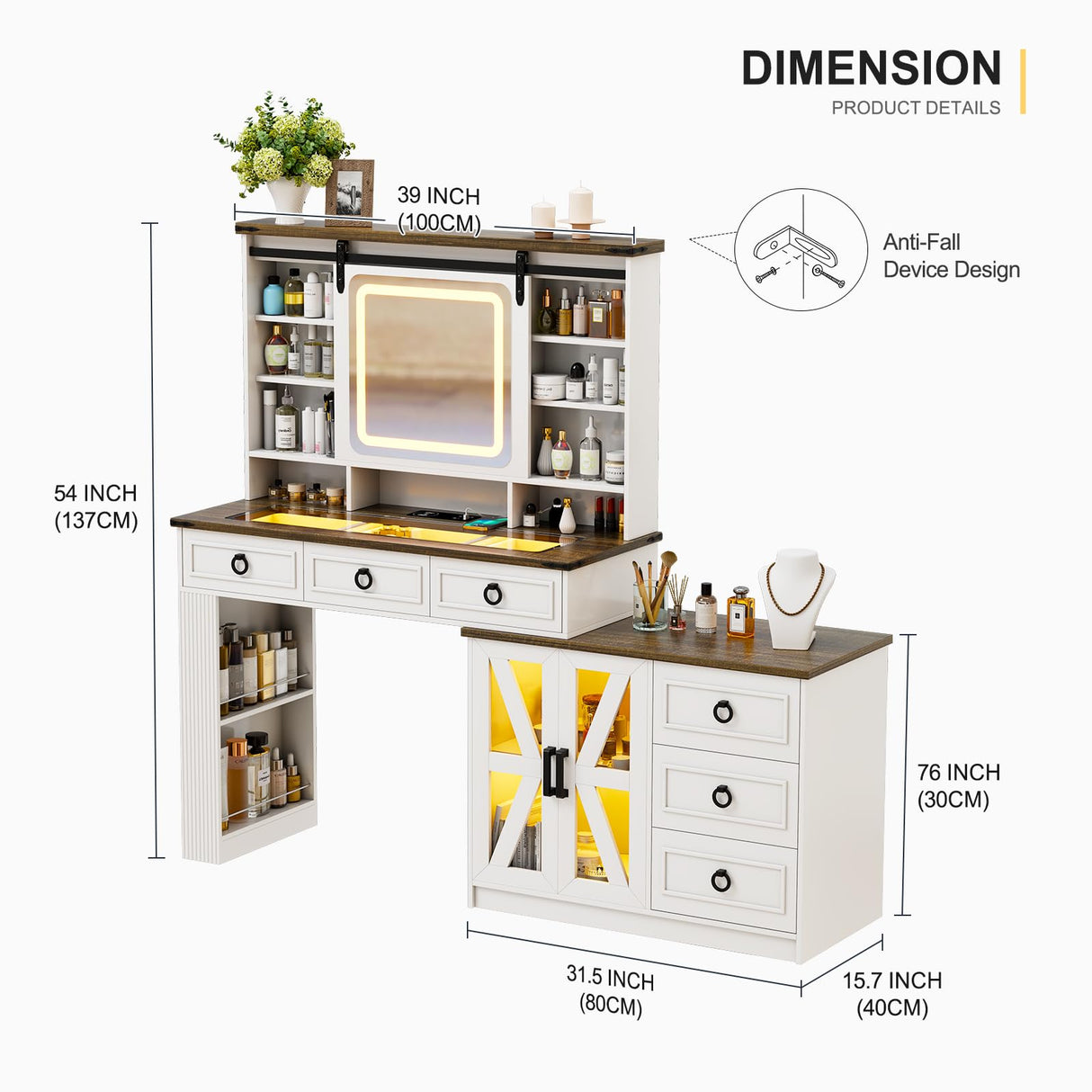 MDGC 60" W Farmhouse Makeup Vanity Desk with Sliding Mirror and Lights, Charging Glass Top Large Vanity Table with Jewelry Storage,Vanity Set with 6 Drawers,10 Shelves,Side Storage Cabinet,White MDGC