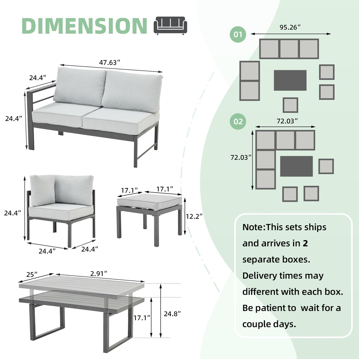 AECOJOY Aluminum Patio Furniture Set with Waterproof Cover, Modern Outdoor Patio Furniture, Outdoor Conversation Table and Chair Sets for Lawn, Backyard, and Deck with Light Grey Cushions AECOJOY