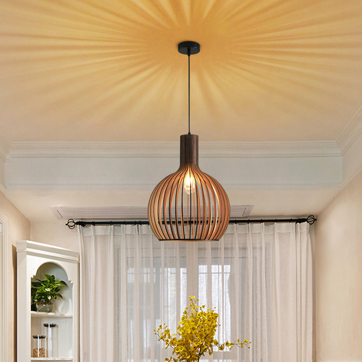 YNDD Wood Pendant Light, E26 Base Hanging Lamp Indoor, Natural Wooden Hand Made Chandelier, Boho Height Adjustable Dining Table Hanging Lamp for Hotel Bar Café Kitchen Island Hallway Entryway YNDD