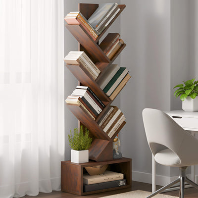 BLKMTY 7-Tier Tree Bookshelf, Floor Standing Wooden Bookcase, Storage Organizer Bookshelves for Living Room, Bedroom, Home Office Book Case, Brown