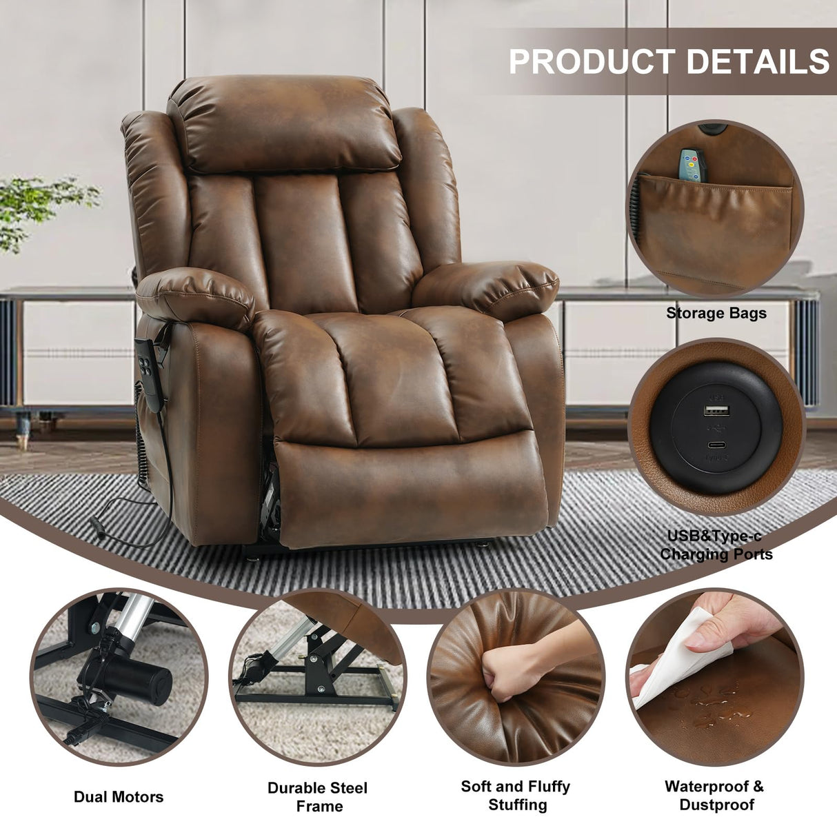 MEROUS Dual Motor Large Power Lift Recliner Chair for Elderly with Heat and Massage,Lay Flat Lift Chairs Recliners for Seniors Infinite Position,USB Ports&Remote, Leather (Ochre) MEROUS