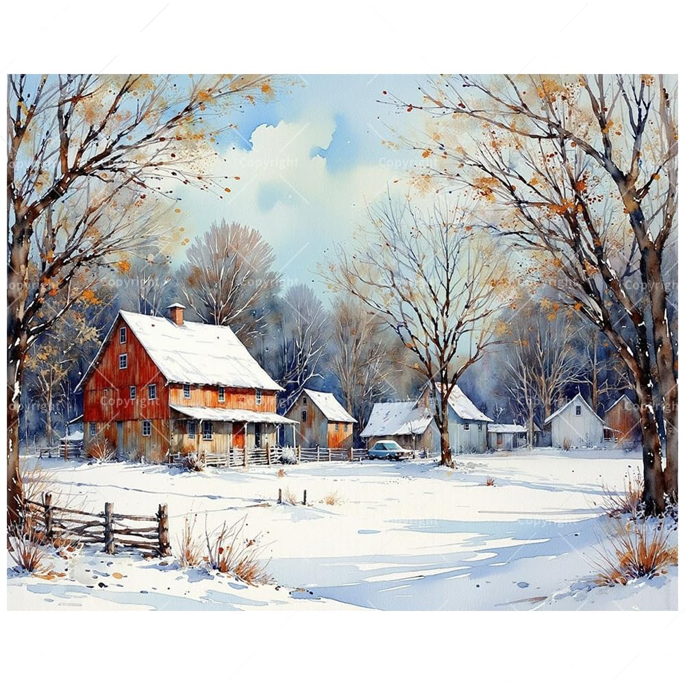 Country Winter Paint by Numbers Kit for Adults - DIY Snowy Red Barn and Rural Houses Painting on Canvas 16x20 Inches, Acrylic Paint Set, Suitable for Beginners, Art for Home Decoration or Gifts DecorFriday