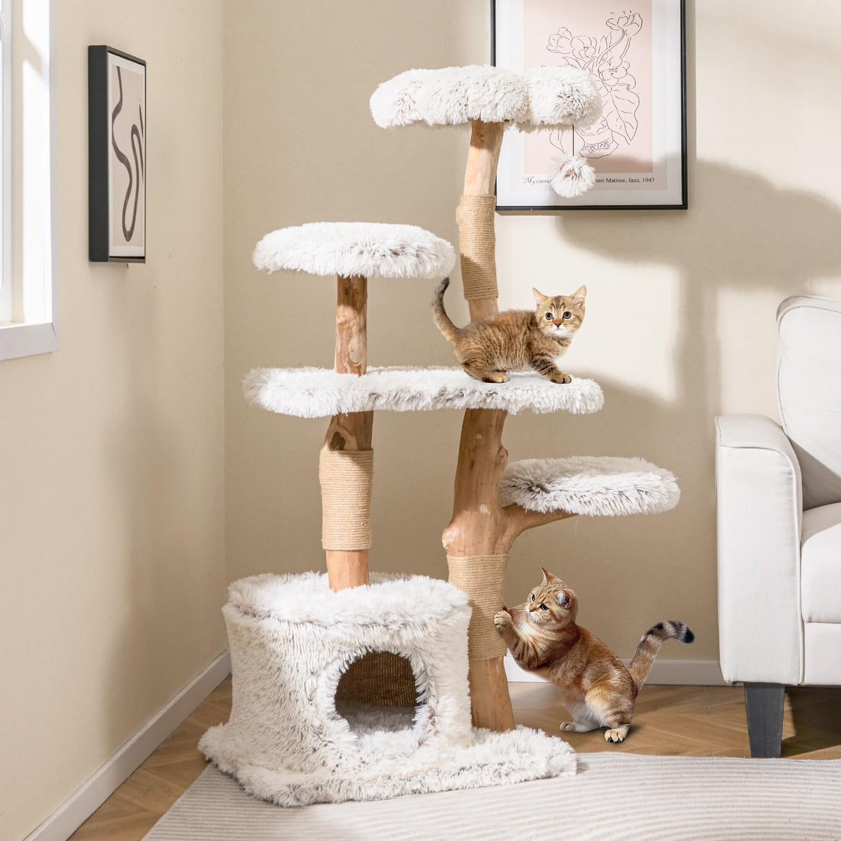 Tangkula Modern Cat Tree, 53 Inch Tall Natural Branch Wooden Cat Tower with Jute Scratching Posts, Plush Perch, Condo, Aesthetic Luxury Solid Wood Flower Cat Tree for Indoor Cats Large Adult (White) Tangkula