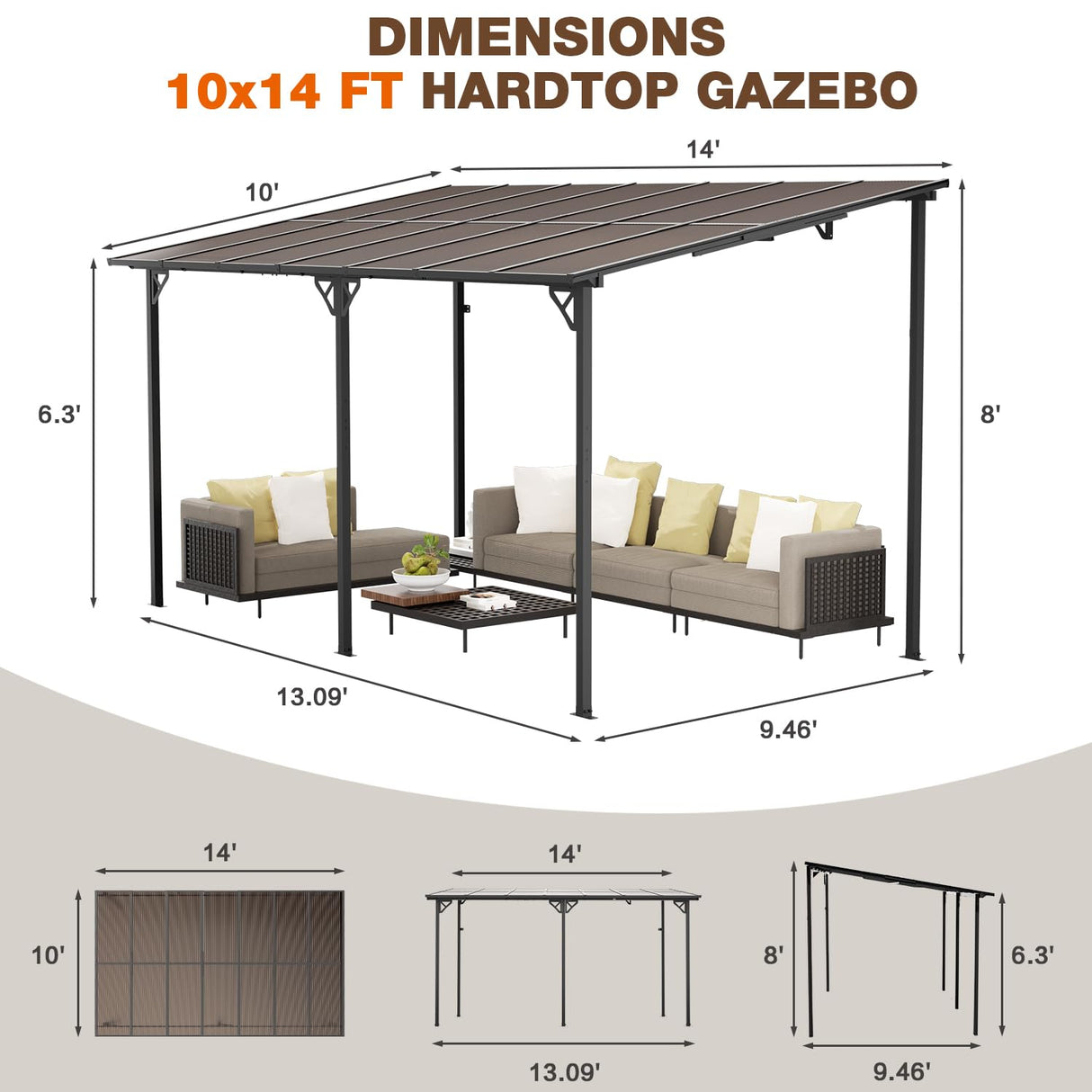EBE 14' x 10' Gazebo, Hardtop Lean to Gazebo with Sloped Roof, Large Wall Mounted Gazebo Pergola, Metal Awning for Patio, Decks, Backyard EBE
