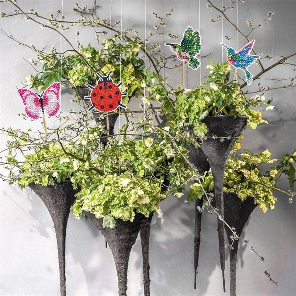 Diamond Art Kits, 12 Pcs Butterfly Hummingbird Ladybug Stakes Diamond Painting Kits for Adults Kids, 5D DIY Butterflies Ornaments Diamond Art Supplies Crafts for Indoor Outdoor Garden Yard Party Decor SOEWIOU