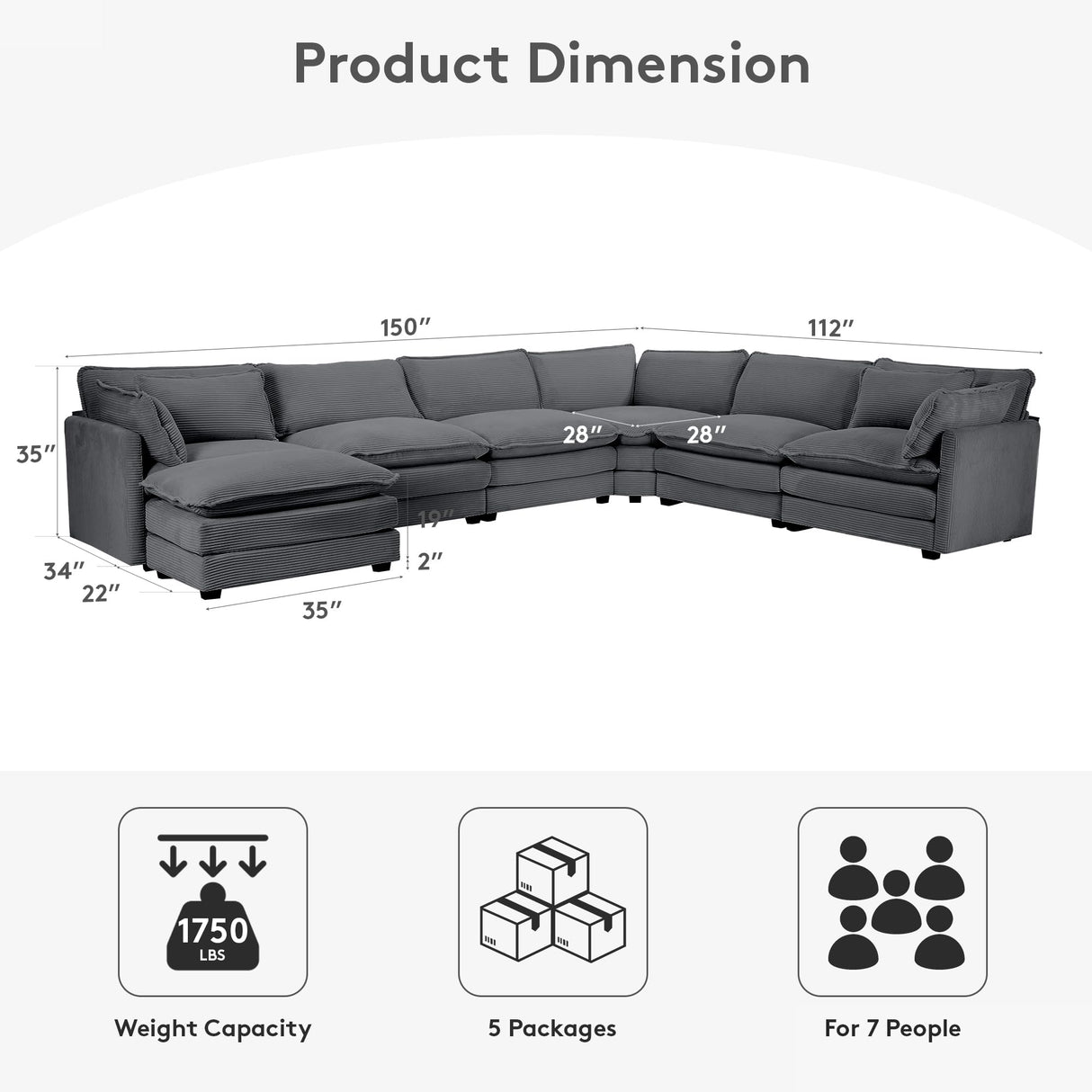 ROWHY 150'' Modular Sectional Sofa Cloud Couch, Corner Sofa Big Comfy Corduroy Oversized L Shaped Couch with 4 Pillows, Chaise, Ottoman, Deep Seat Couches for Living Room Office, Dark Grey ROWHY