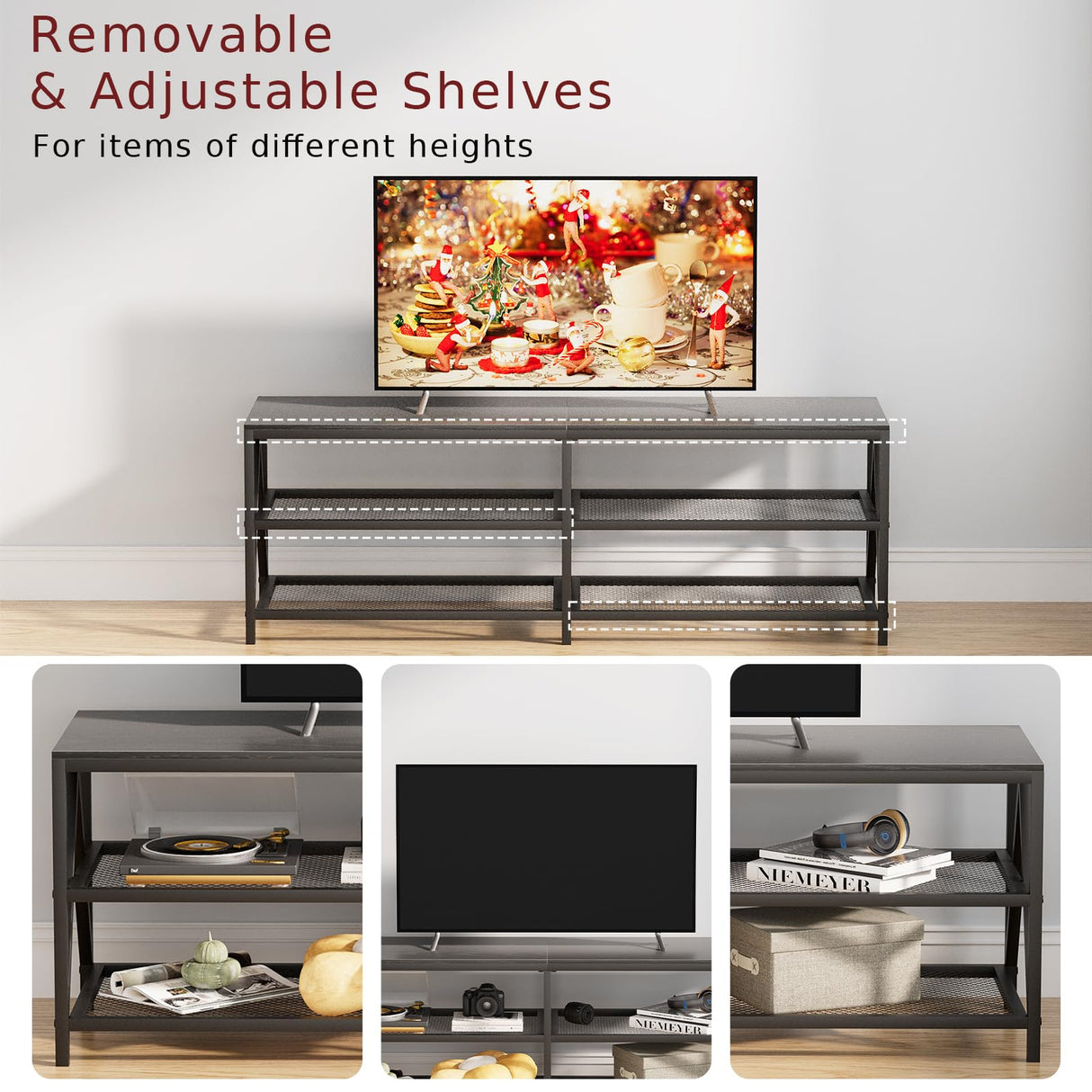 Katrawu TV Stand for TV up to 65 Inch, Long 55" TV Cabinet with 3-Tier Storage Shelves,Entertainment Center TV Console Table for Living Room with Industrial TV Metal Frame, Black Oak Katrawu