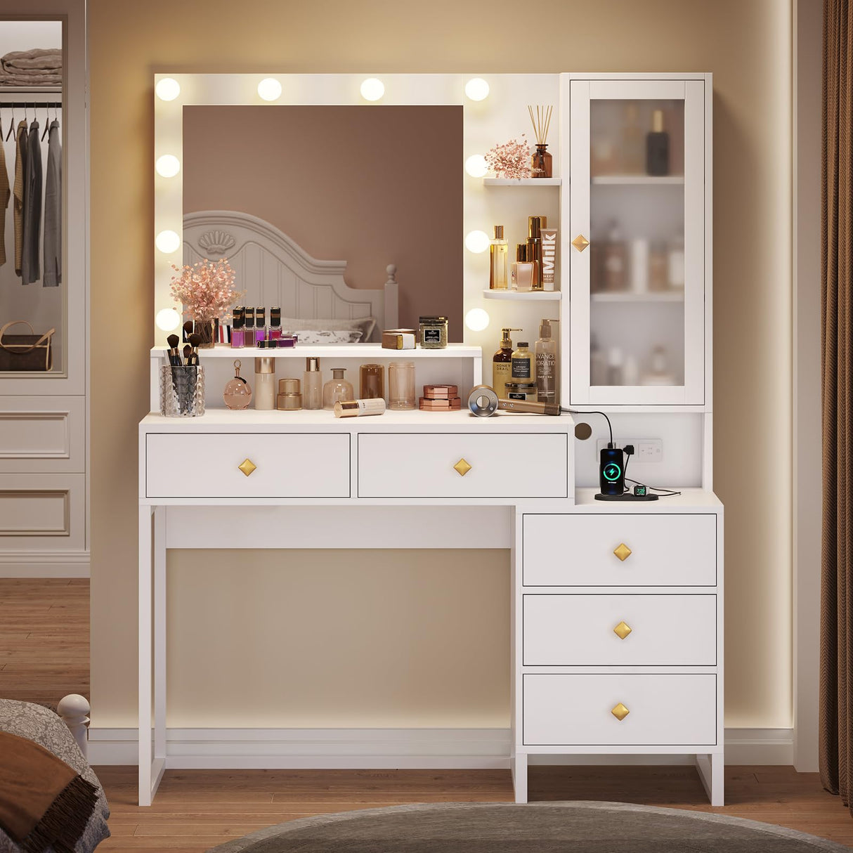 Tiptiper Makeup Vanity Desk with Mirror and Lights & Charging Station, White Vanity Table with 5 Storage Drawer & Glass Door & 3 Shelves for Bedroom, Modern White Tiptiper