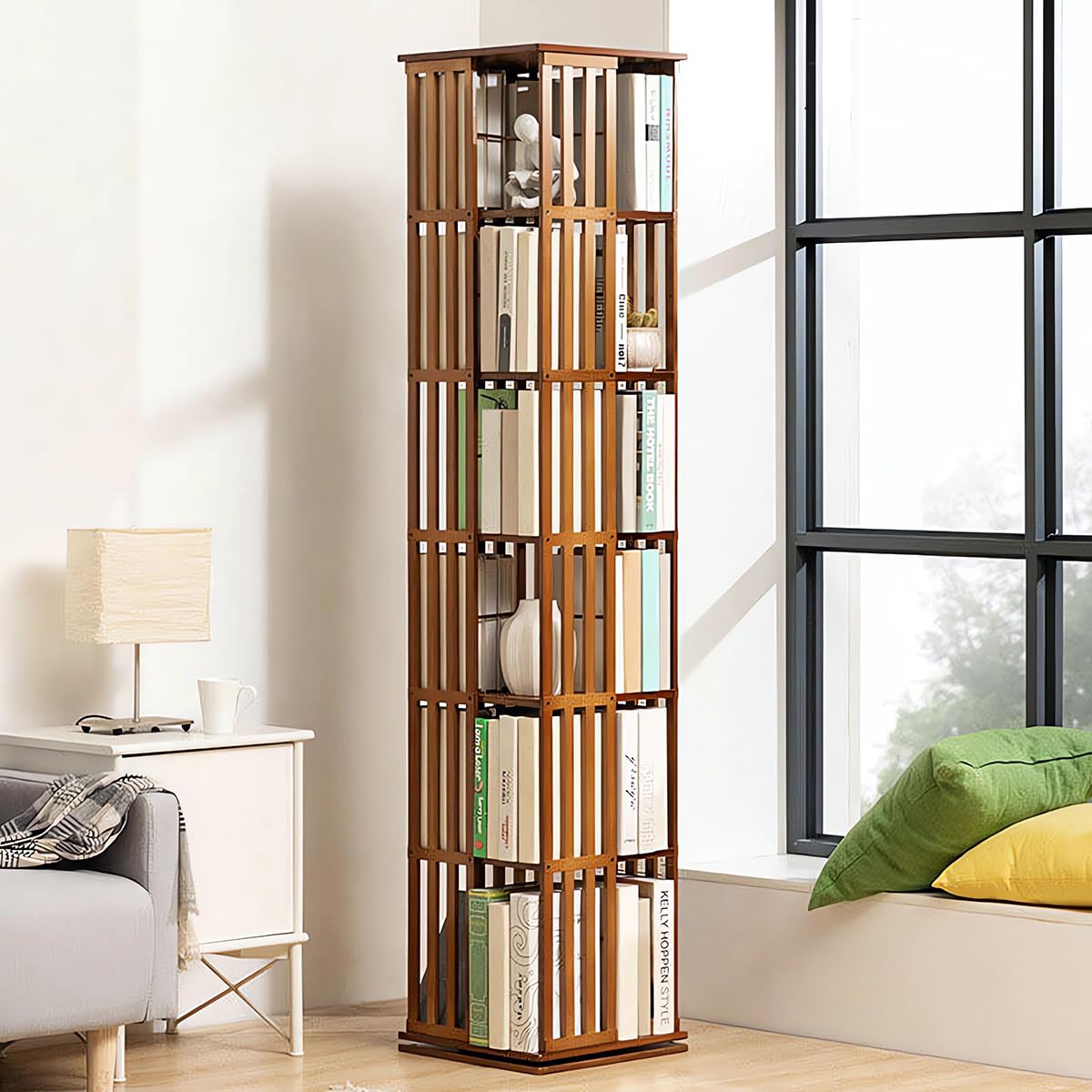 Versatile 360° Rotating Bamboo Bookshelf Tower - Stylish 6-Tier Spinning Storage for Home and Office LSZMXI