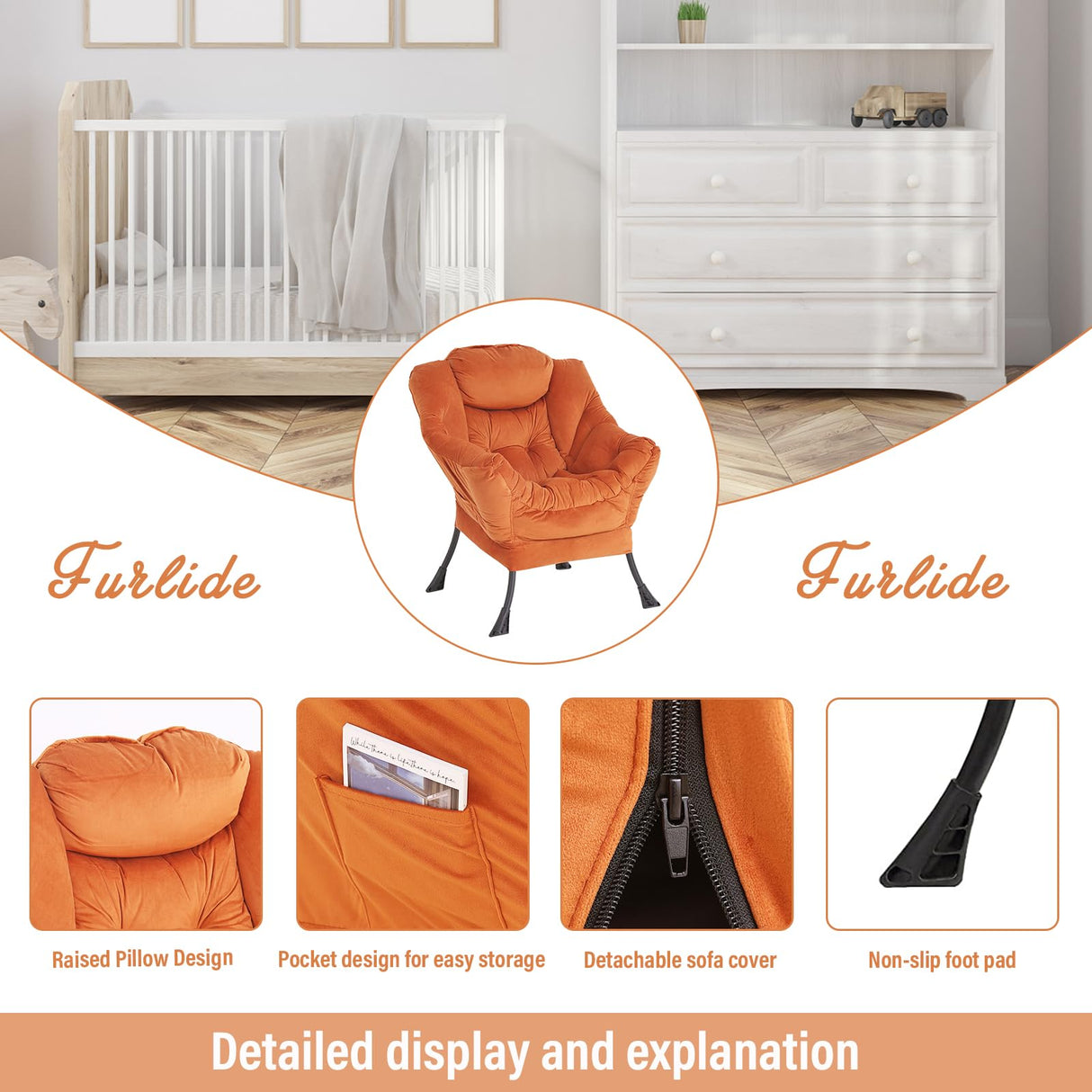 Furlide Lazy Chair with Ottoman, Modern Chair with Folding Footrest, Lounge Accent Chair, Comfortable Reading Chair, Oversized Armchairs for Bedroom, Study, Living Room, Courtyard (Velvet Orange) Furlide