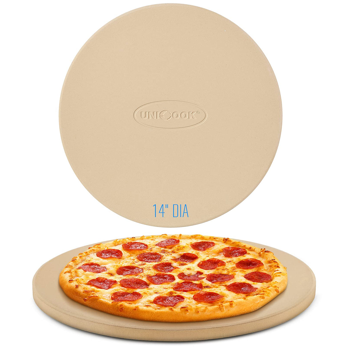 Unicook 14 Inch Round Pizza Stone, Heavy Duty Cordierite Pizza Baking Stone for Oven and Grill, Thermal Shock Resistant, Ideal for Baking Crisp Crust Pizza, Bread and More, Includes Scraper Unicook