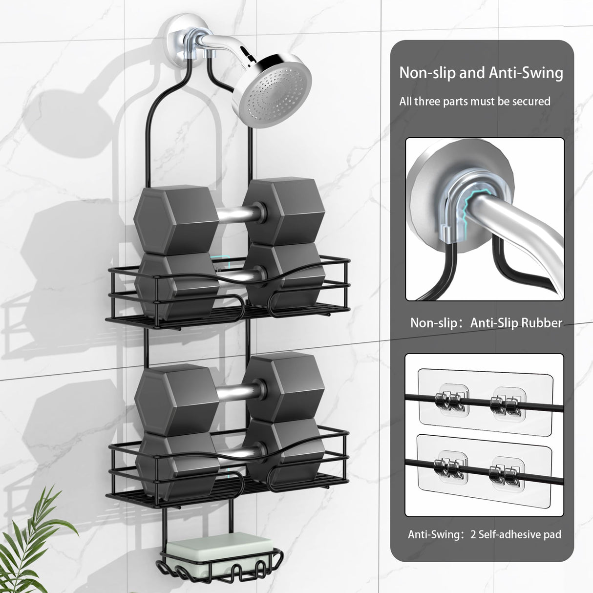 DAOYA Bathroom Shower Caddy Hanging - Shower Organizer Hanging 3-Tier with Soap Holder & 6 Hooks for Towels, Sponge, Shower Caddy over Shower Head Fits 21mm Shower Head Arm, Black DAOYA
