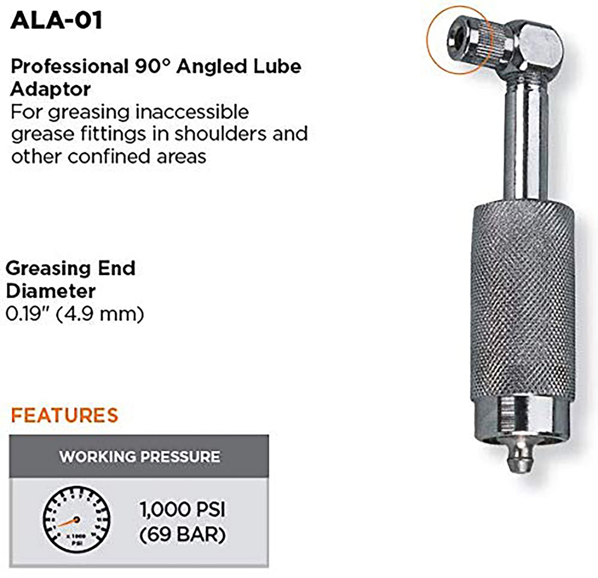 PROLUBE Quick Connect Metric Grease Fitting Adaptor, 90 Degree Angle, 4.9 mm Diameter Greasing End, Max Pressure 1,000 PSI, for Use with Hand Operated Grease Guns (44922) PROLUBE