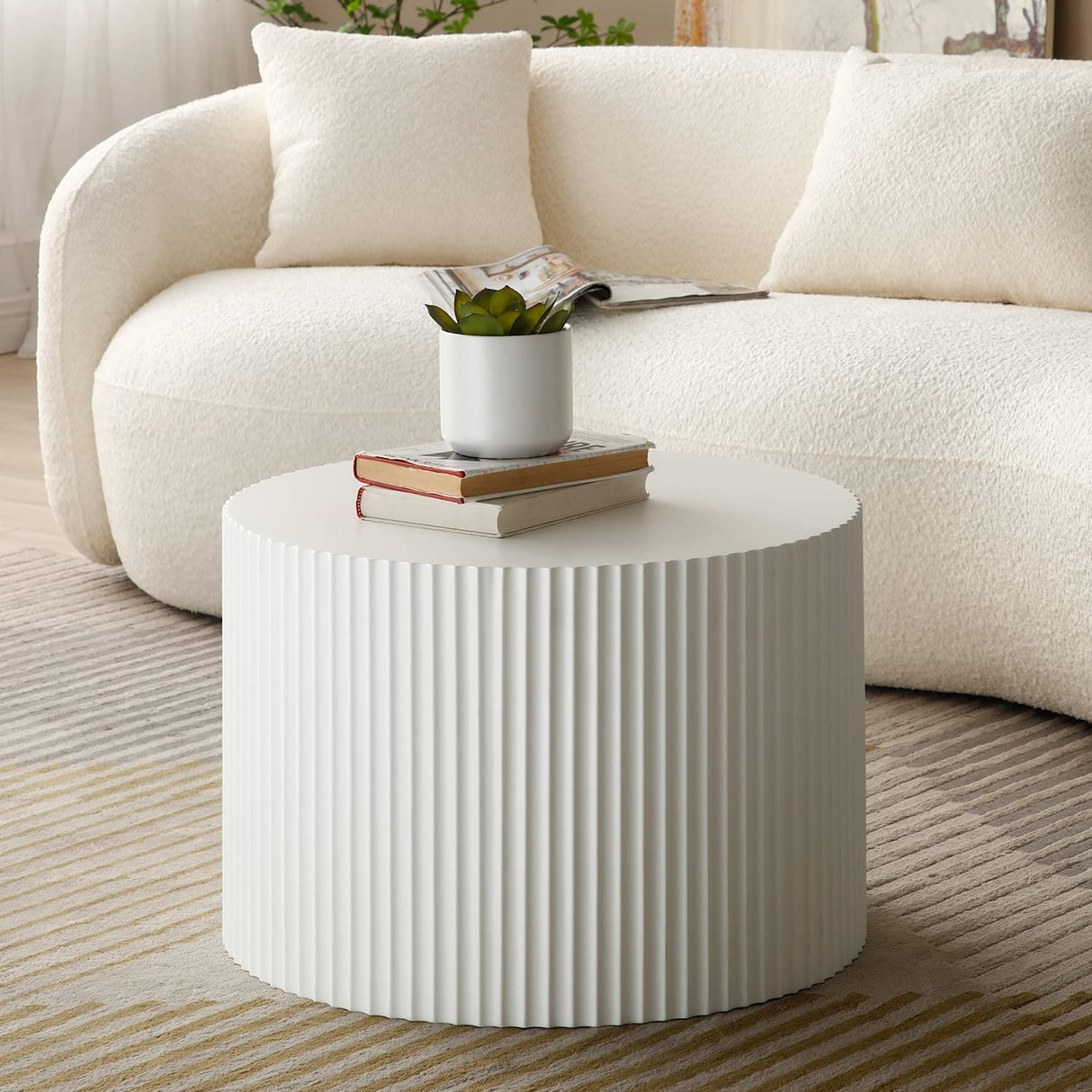 kevinplus White Round Nesting Coffee Table Set of 2 Modern Drum Side Table End Table for Living Room, Wood Circle Embossed Design Coffee Table Contemporary Living Room Table Set, Matte White kevinplus
