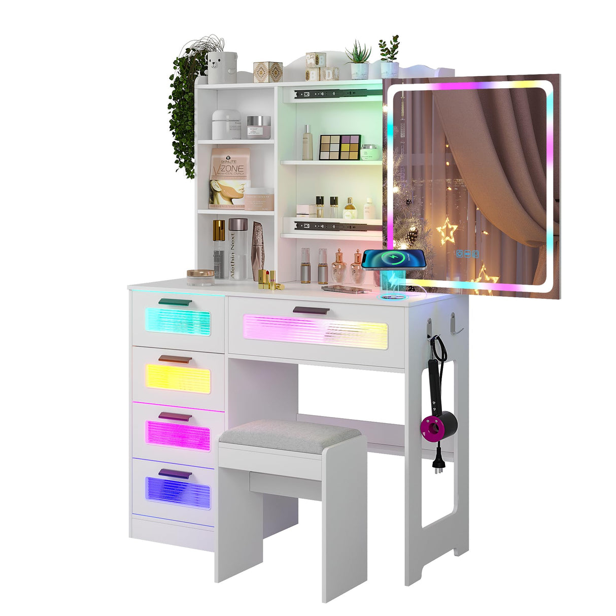 WOOVIVS Vanity Desk with Lights and Sliding Vanity Mirror, Makeup Vanity Desk with Charging Station, Vanities Dressing Table with Stool, Vanity Set with Large Drawers&Shelves for Bedroom, White WOOVIVS