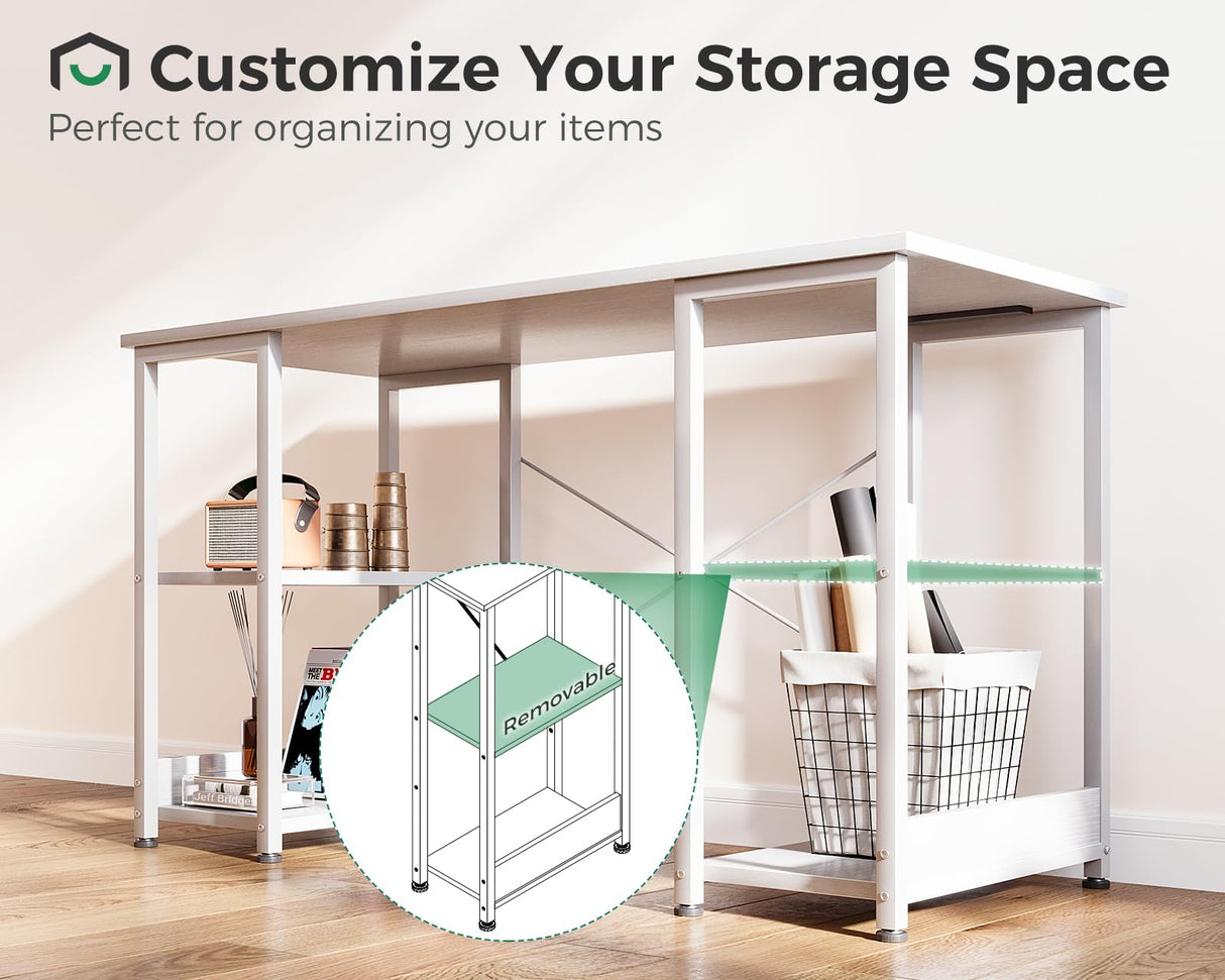 AODK 40 Inch Small Writing Desk with Power Outlets & USB Charging Port, Computer Desk for Small Spaces Home Office, Student Laptop PC Desks with Storage Shelves, Kids Desk, White AODK