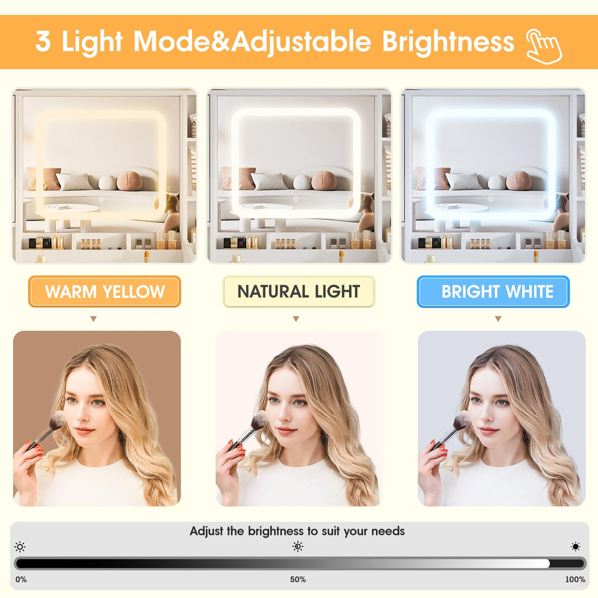 Vanity Desk with Mirror and Lights,Makeup Vanity Table with Cushioned Stool and Charging Station,3 Lighting Modes Adjustable Brightness,Drawers,Power Outlet,Shelves,White Maupvit