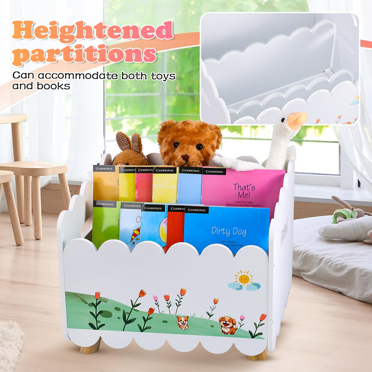 QwayHome Wood Kids Bookshelf with 2 Adjustable Dividers - Montessori Bookshelf for Nursey Room or Playroom - Toy Storage Oragnzier with Handle - Toddler Book Shelf for Bedroom Livingroom Classroom QwayHome