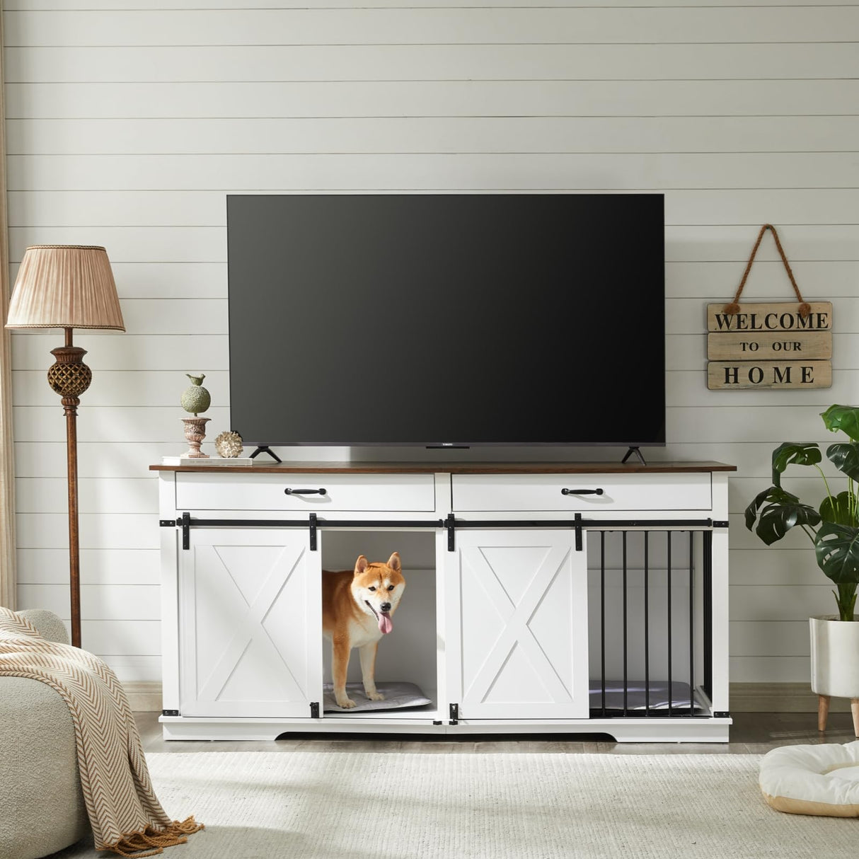 EDYO LIVING 72.5" Large Dog Crate Furniture for 2 Dogs, Wooden Dog Kennel with Drawers, Divider, Sliding Barn Door, Water Resistant Indoor Furniture Style Double Dog Crates, White EDYO LIVING