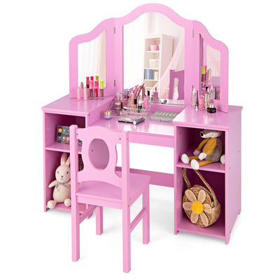 INFANS Kids Vanity, 2 in 1 Princess Makeup Desk & Chair Set with Tri-Folding Detachable Mirror, Large Storage Shelves, Wooden Pretend Play Dressing