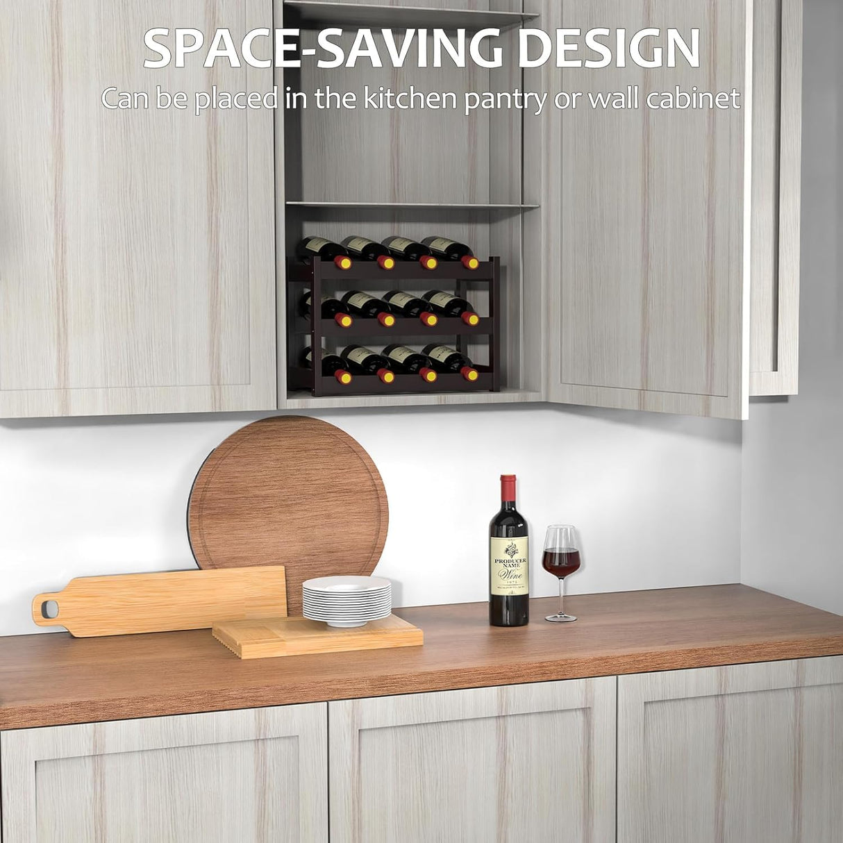FoverOne Bamboo Wine Rack Countertop, 3-Tier 12 Bottles Wine Storage Shelf for Kitchen Pantry Cabinet - Dark Brown FoverOne