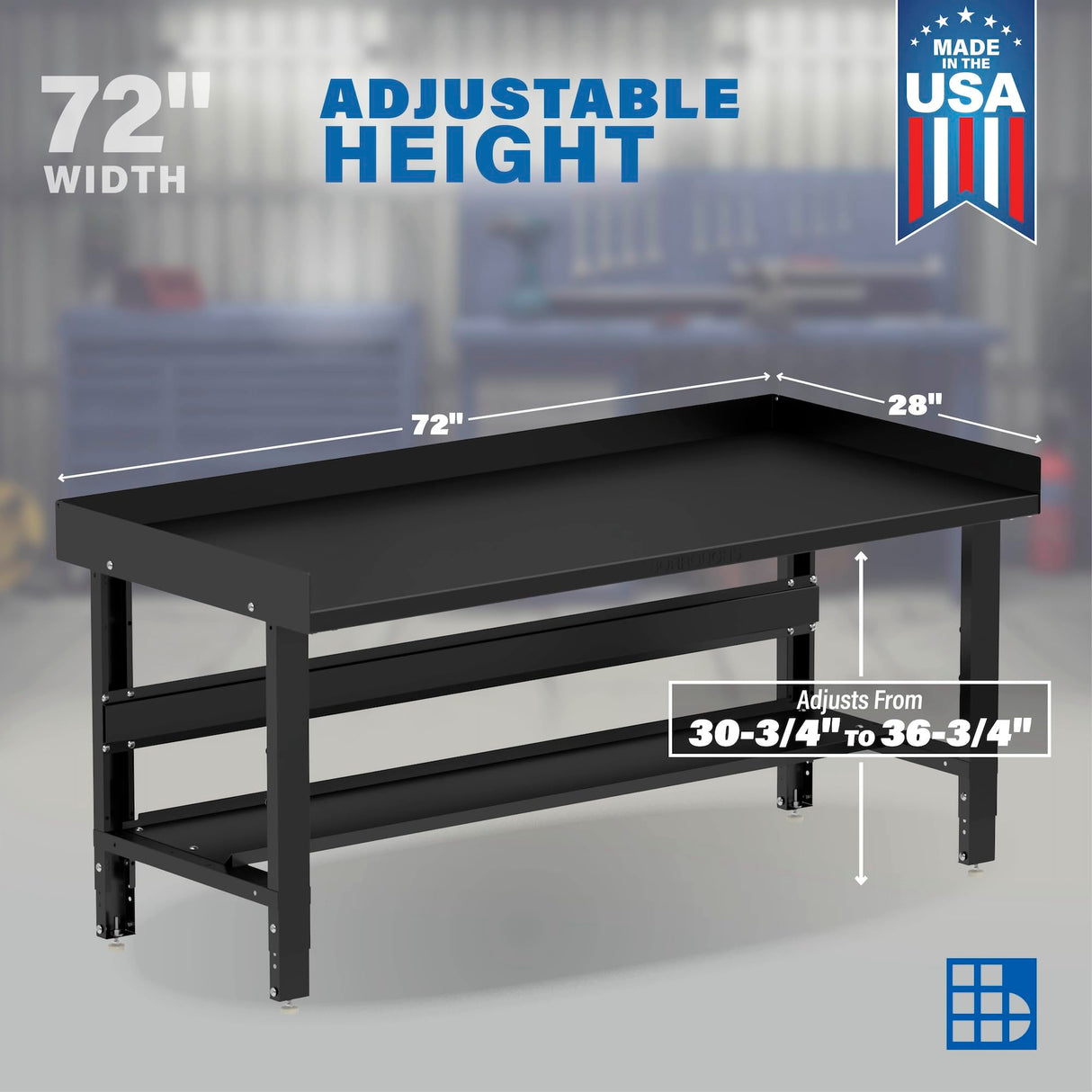 Borroughs 72" Adjustable Workbench, Steel Heavy-Duty Workstation with Bottom Shelf & Edge Guards, 2000 LB Capacity Worktable for Workshop, Garage, School, Office, Home, 72" W x 28" D Borroughs