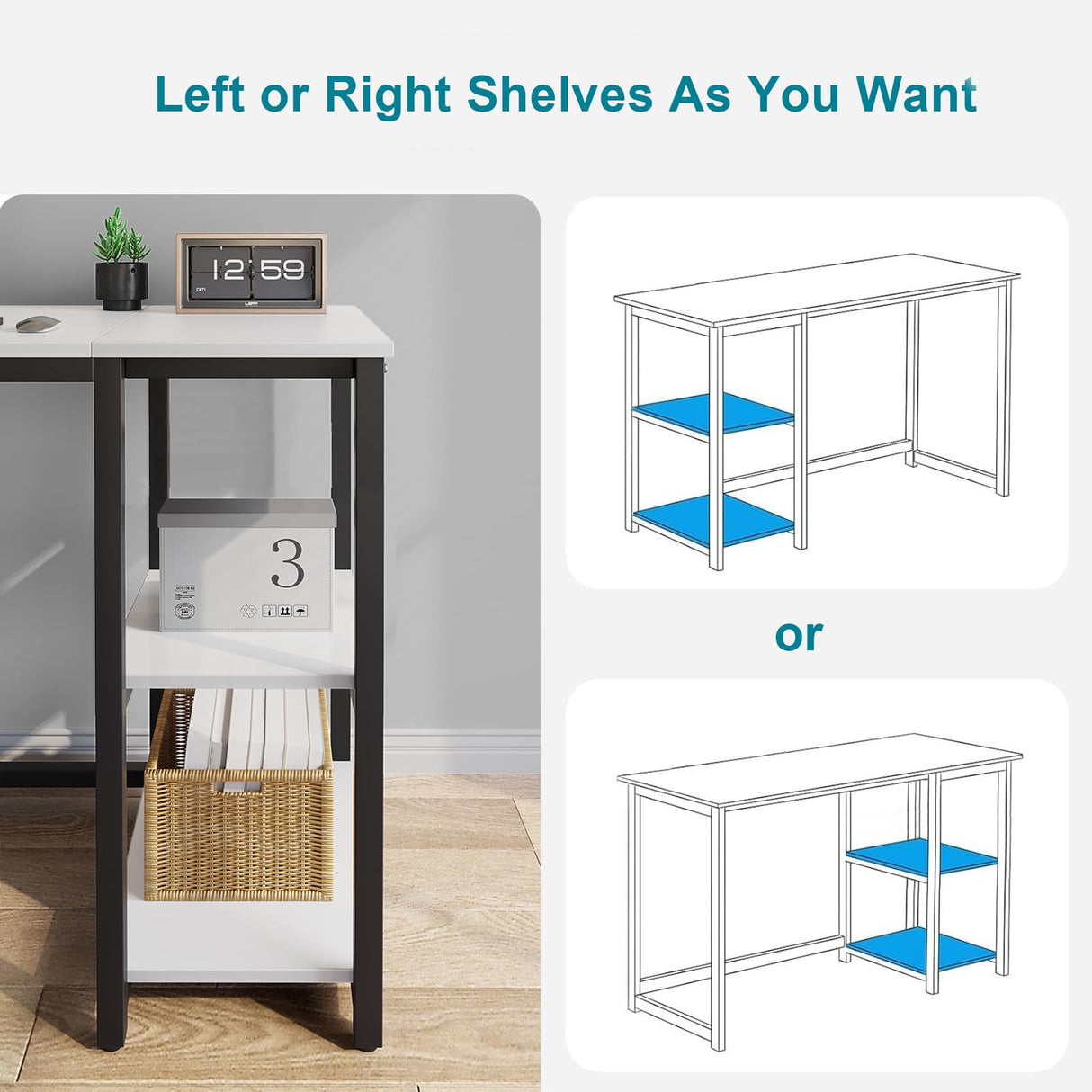 SINPAID Computer Desk 40 inches with 2-Tier Shelves Sturdy Home Office Desk with Large Storage Space Modern Gaming Desk Study Writing Laptop Table, White Desk SINPAID