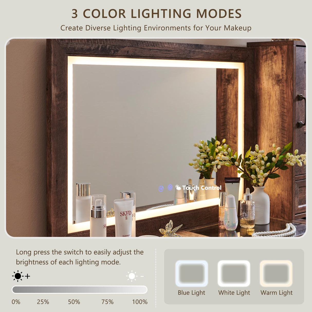 Aitjunz Farmhouse Vanity Desk with Touch Screen LED Mirror, 47" Big Make Up Table with 6 Drawers, Glass Top, Charging Station, Rustic Wood Dressing Table w/3 Color Available, Light Brown Aitjunz