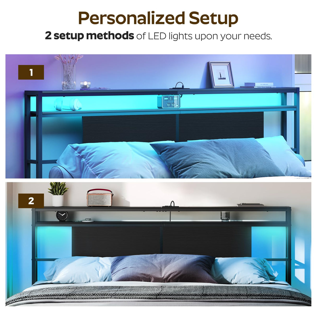 YATINEY King Size Headboard, Headboard with Light and Outlets, Headboard with 2 Storage Shelves, Storage Rack, Adjustable Height, Sturdy and Stable, Easy Assembly, Black YATINEY