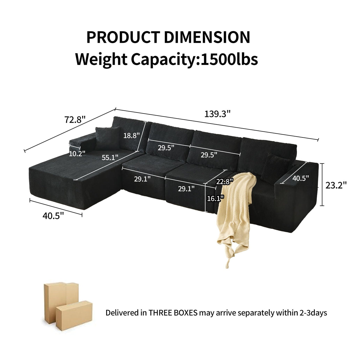 YHMEIXH 139" Black sectional couches for Living Room, Modular Sectional Sofa withDeep Seat, Boneless Sofa for Living Room, L-Shape Boneless Couch for Apartments Bedroom, No Assembly Required (Right) YHMEIXH