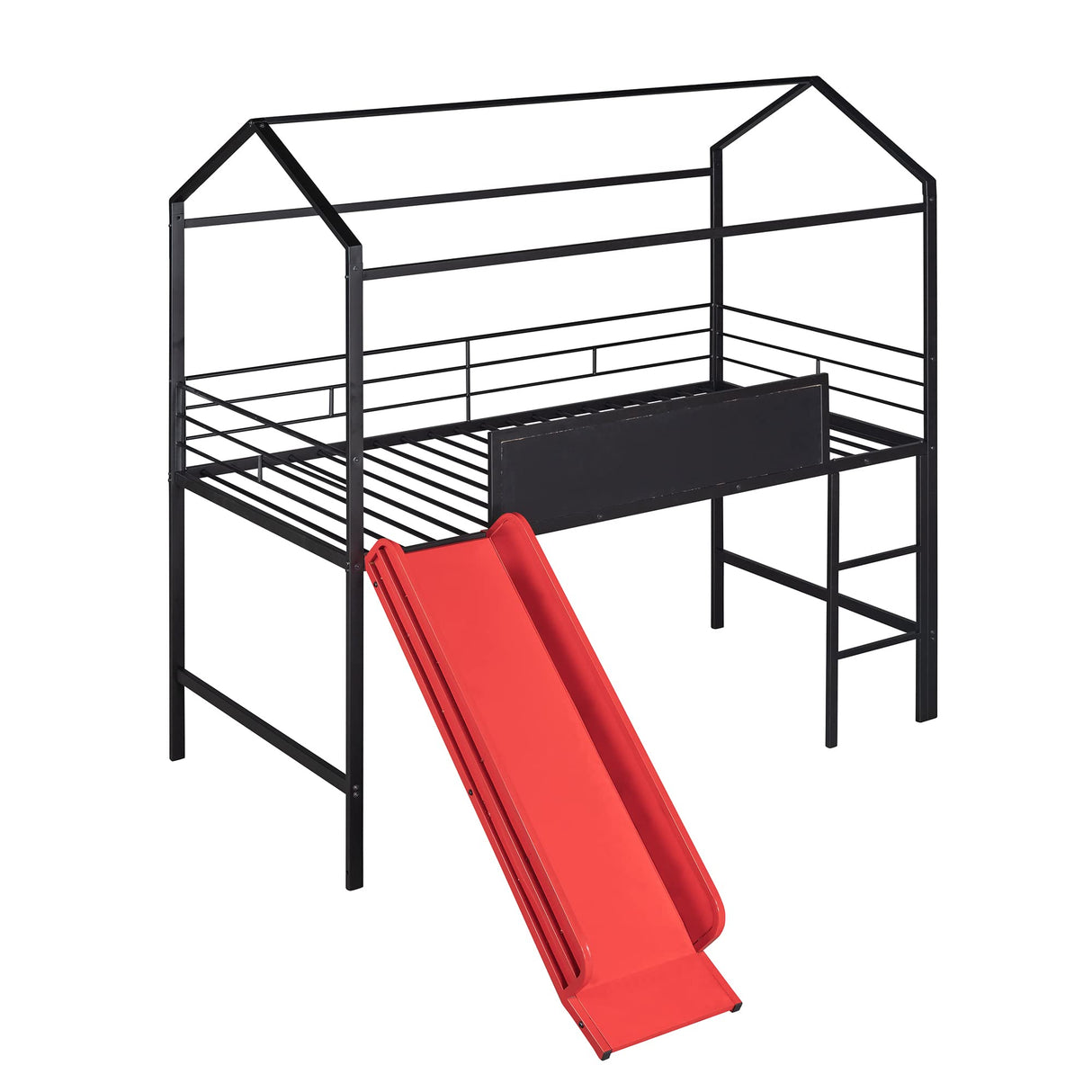 Twin House Loft Bed with Slide and Roof, Metal House Bed with Slide, Modern Style Heavy-Duty Steel Frame Loft Bed with Safety Rail, Built-in Ladder for Bedroom Dorm Boys Girls (Twin Size, Black+Red) Harper & Bright Designs