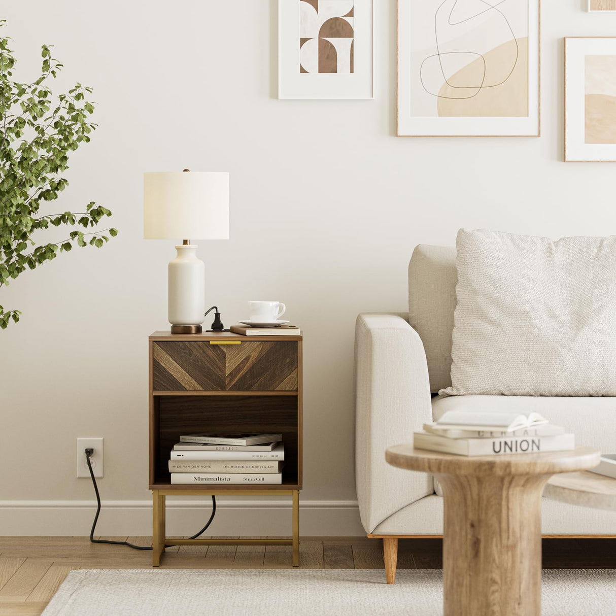 Masupu Nightstand with Charging Station,Modern Night Stand Boho Farmhouse Wood Bedside Table with Storage Drawer Side End Table for Bedroom,Living Room,Office,Walnut Brown with Outlet Masupu